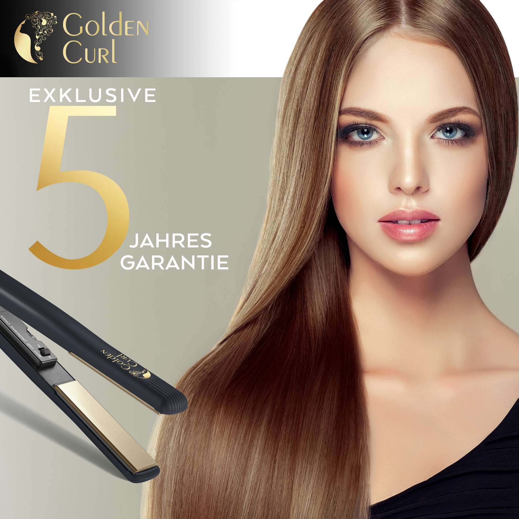 Frau mit langen Haaren und Haarglätter. Golden Curl-Logo und Text. Goldene, schwarze und weiße Farben.