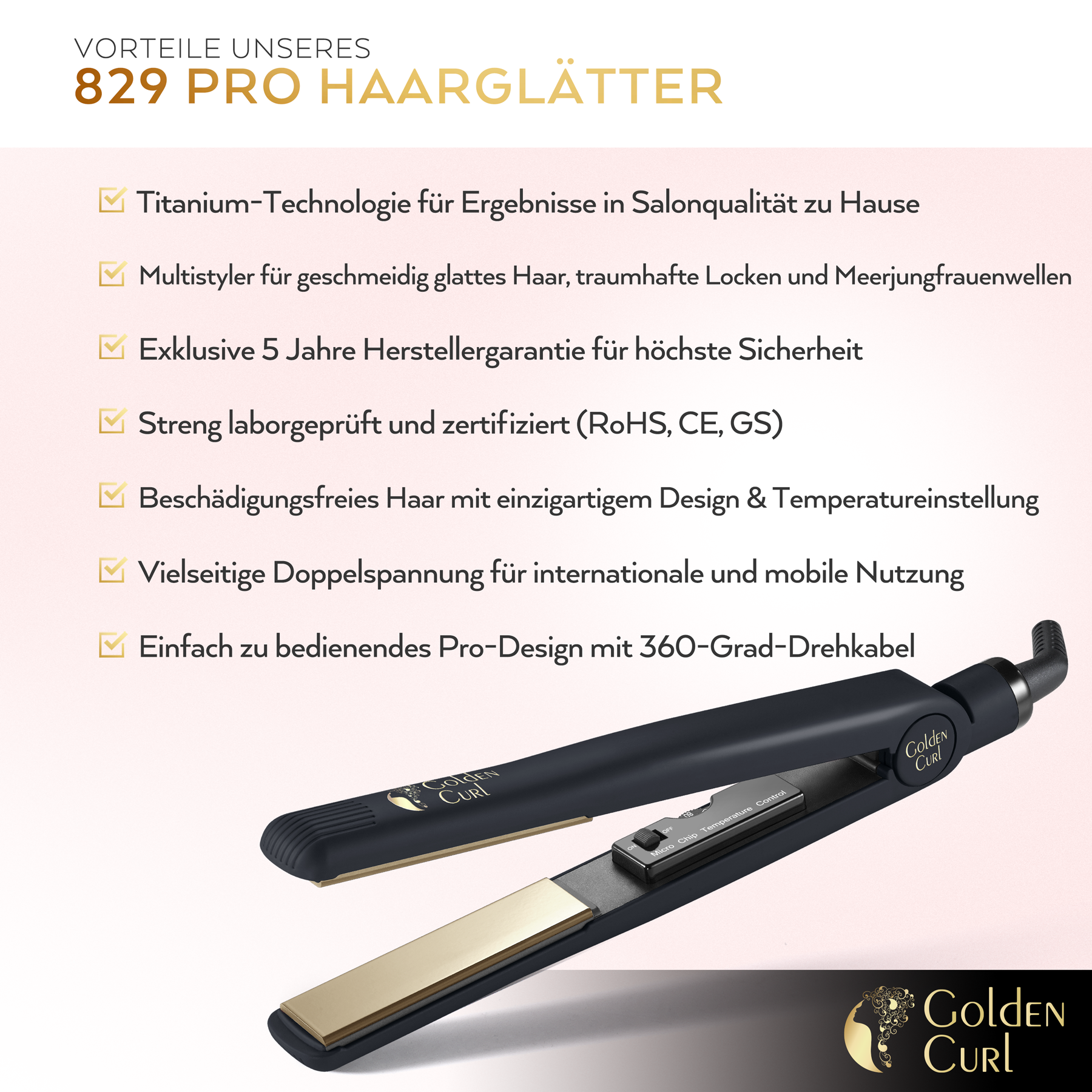 Schwarzer Haarglätter mit Goldplatten. Text über Funktionen, einschließlich Titan-Technologie und Haltbarkeit.