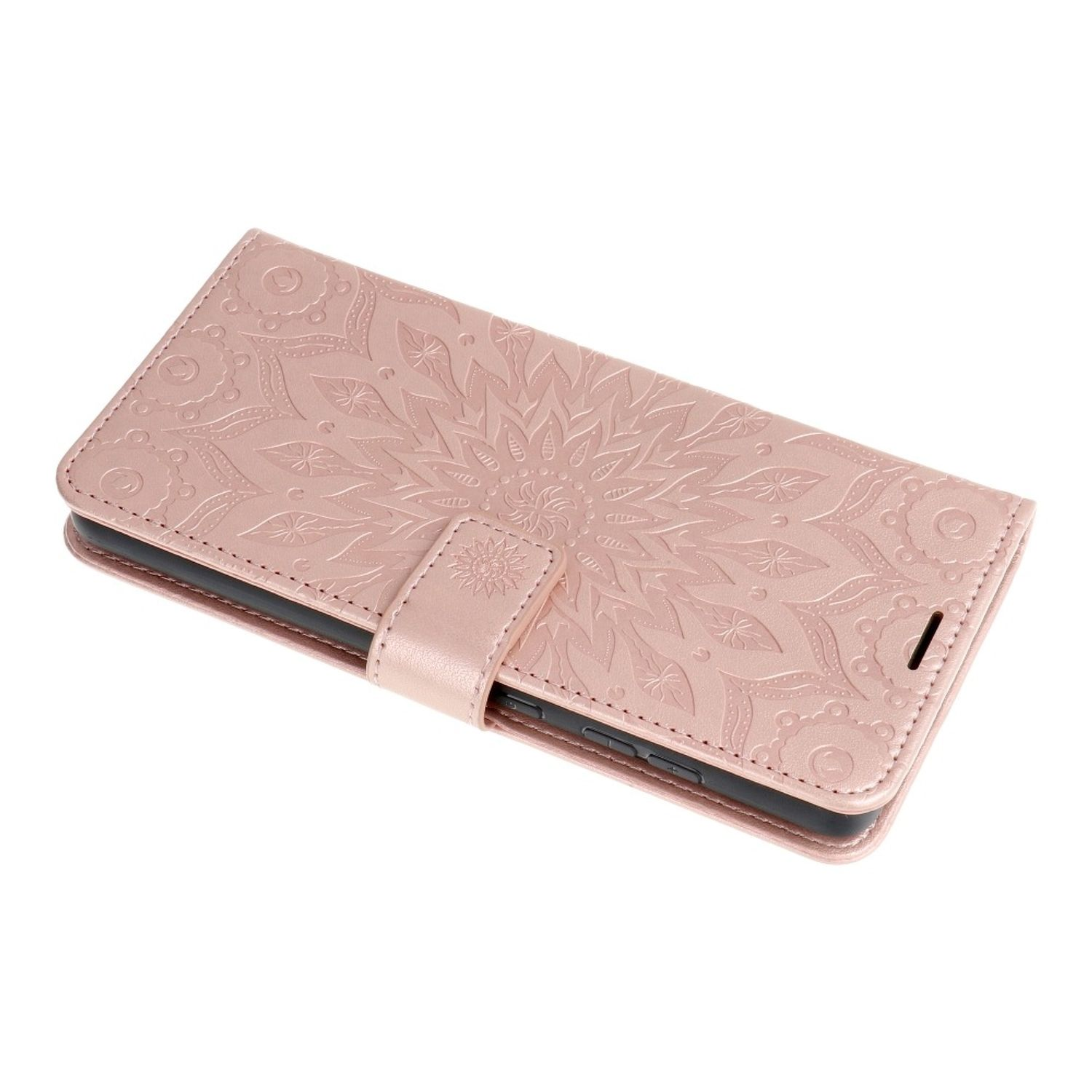 Eine rosa Handyhülle mit geprägtem Blumendesign auf weißem Hintergrund.