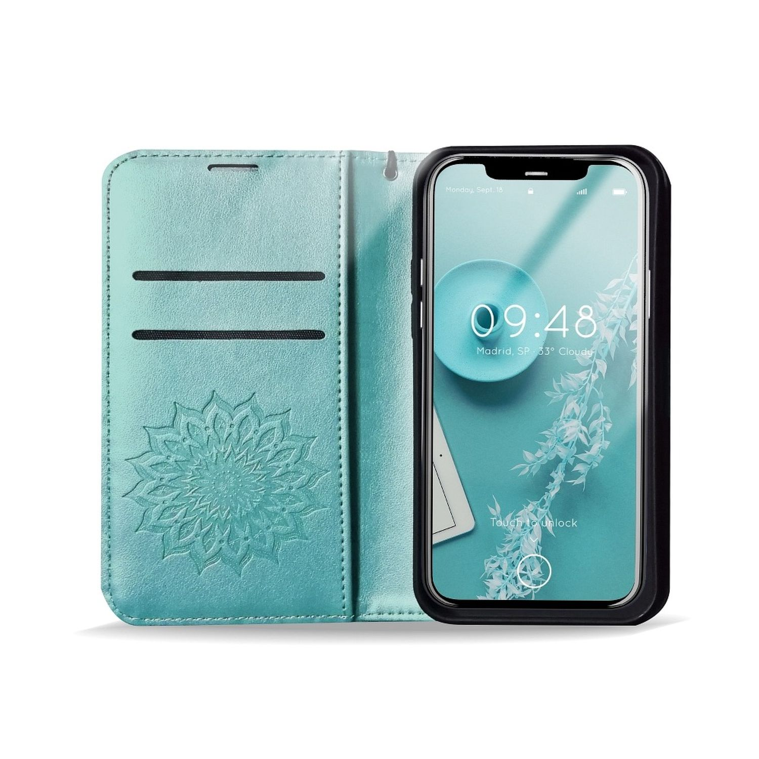 Ein blaues Handycase mit Mandala-Design ist geöffnet und zeigt ein Telefon, das die Uhrzeit und das Datum anzeigt.