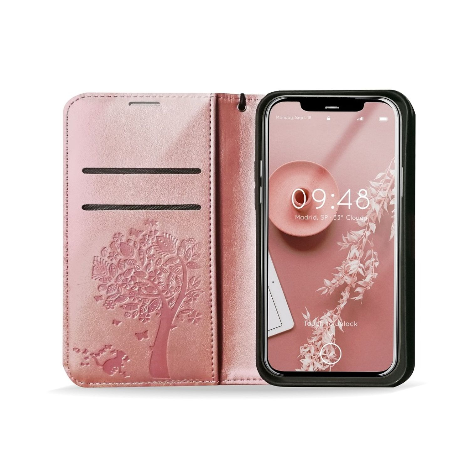 Rosa Handyhülle, Telefon innen, Baumdesign geprägt, offen, weißer Hintergrund.