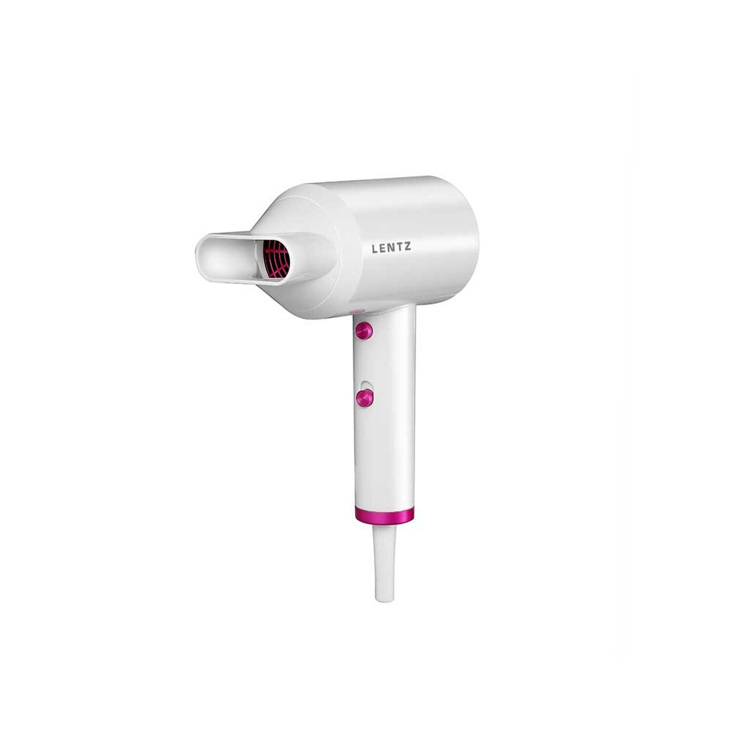 Weißer Haartrockner mit rosa Knöpfen und Akzenten, eine kleine Düse.
