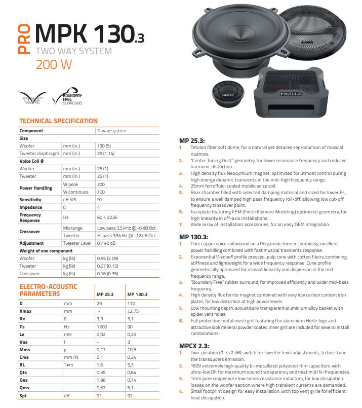 Hertz MPK 130.3 Zwei-Wege-System: Woofer, Hochtöner, Frequenzweiche und Spezifikationen.