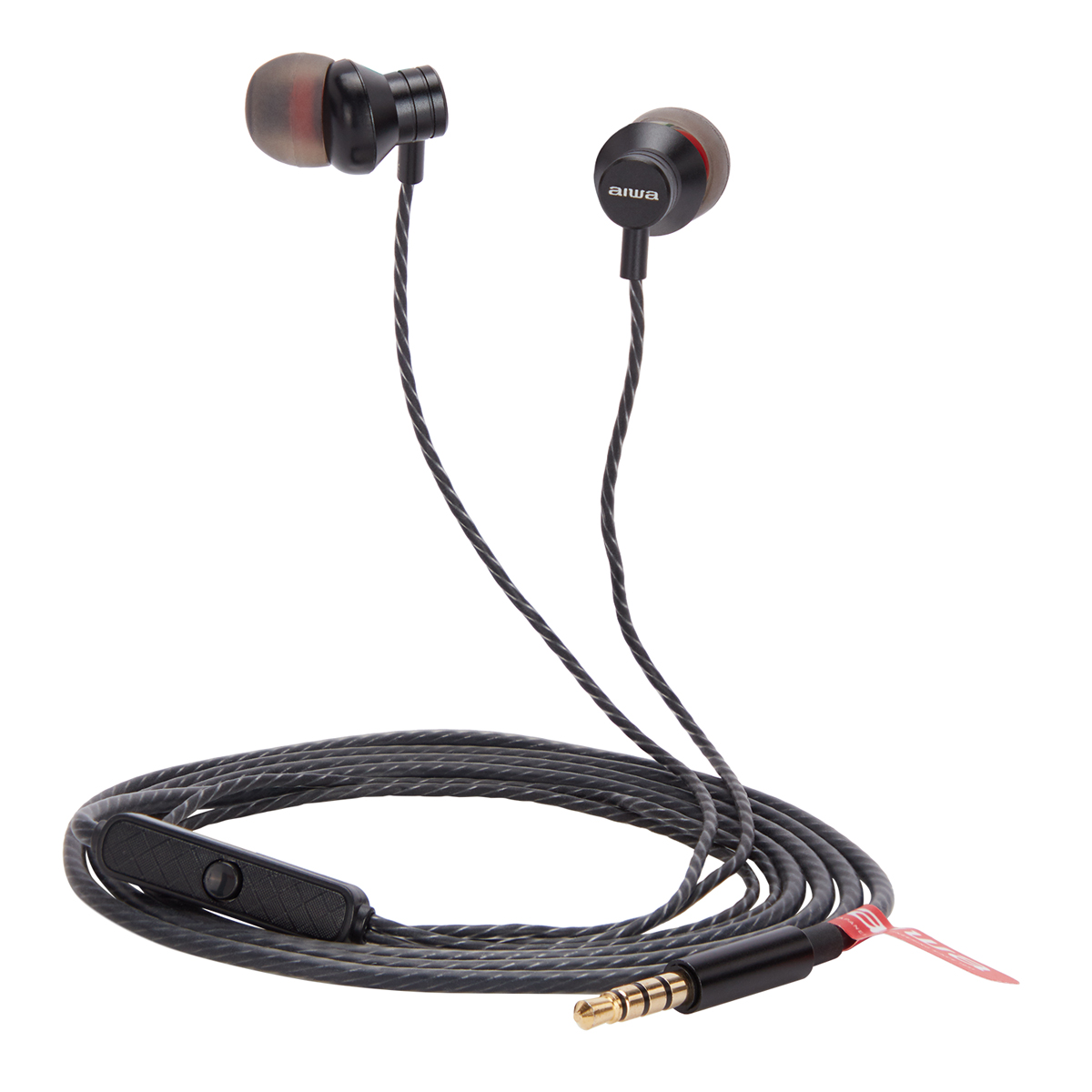 Auricolari neri con pulsante di controllo e jack da 3,5 mm, con cavo nero arrotolato, su una superficie bianca.