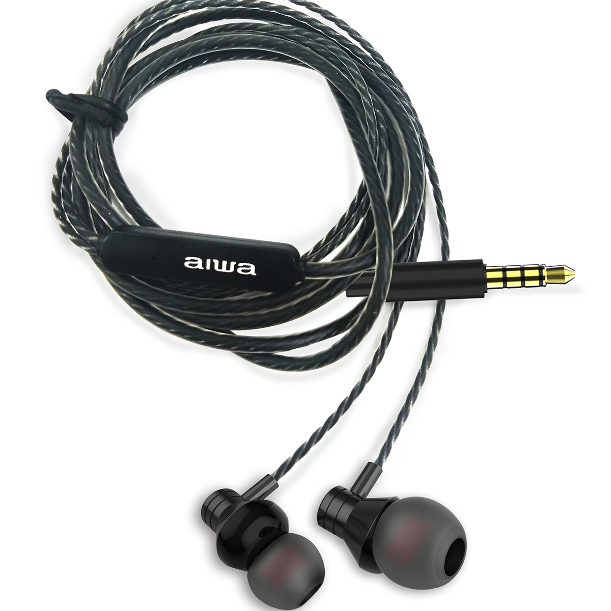 Auricolari AIWA neri con modulo di controllo e jack da 3,5 mm placcato oro.