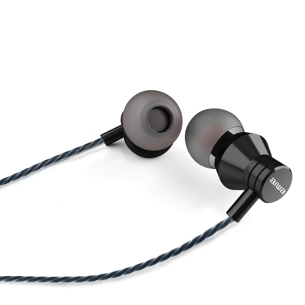 Paio di auricolari aiwa neri e grigi. Ogni auricolare ha una forma arrotondata e un cavo nero.