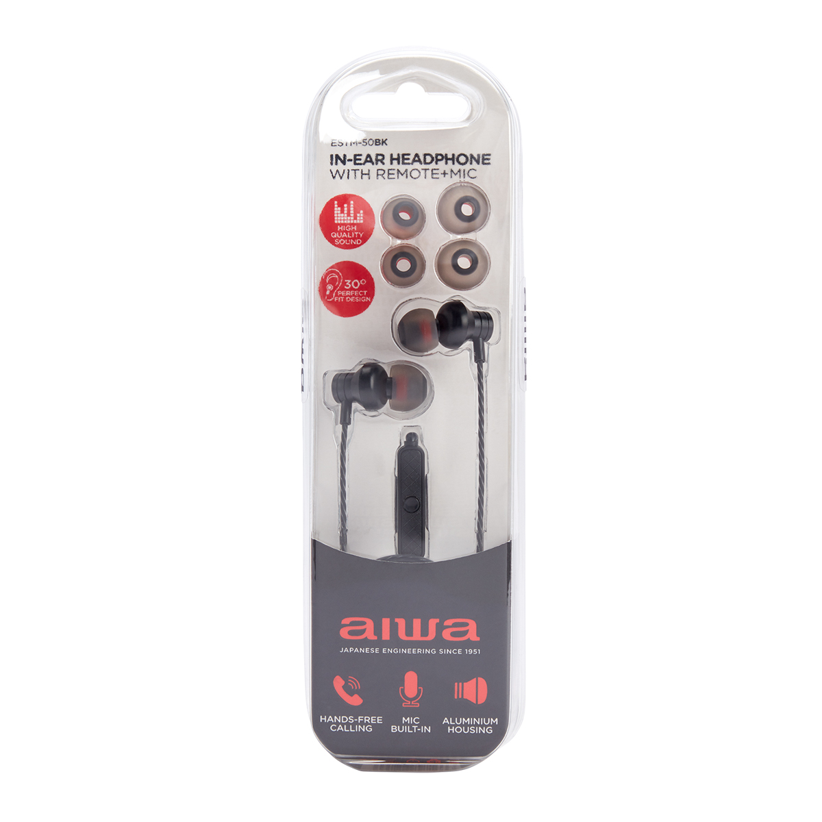 Cuffie in-ear in confezione di plastica trasparente. Auricolari neri e telecomando con logo del marchio.
