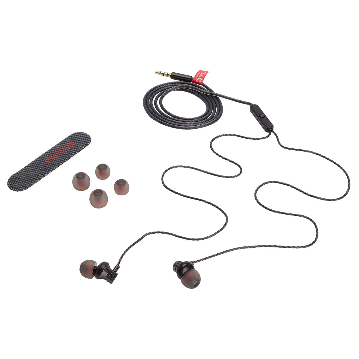 Cuffie in-ear nere con auricolari extra e controllo. Il cavo è nero e grigio.