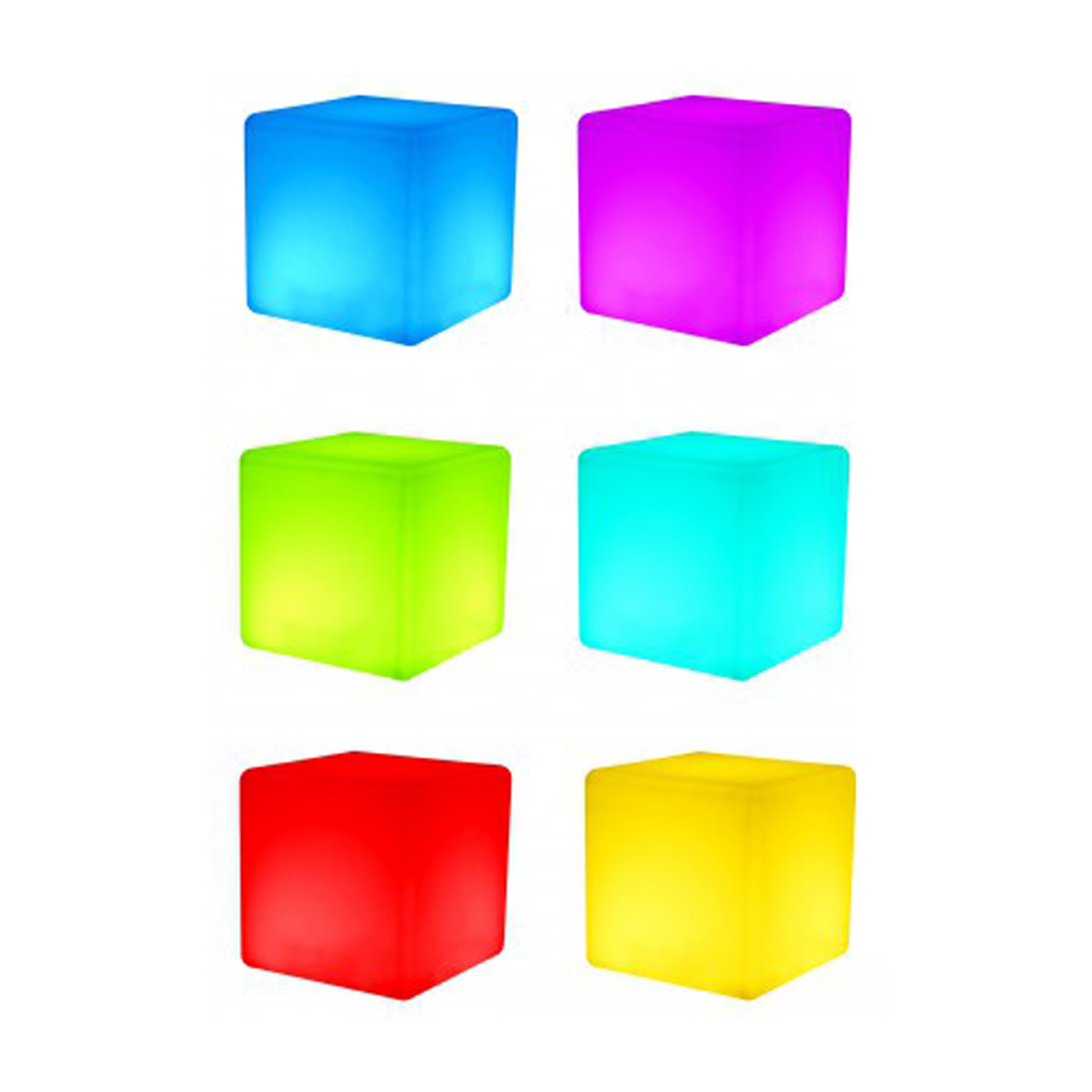 Sechs bunte LED-Würfel. Blau, Lila, Grün, Türkis, Rot und Gelb. Weißer Hintergrund.