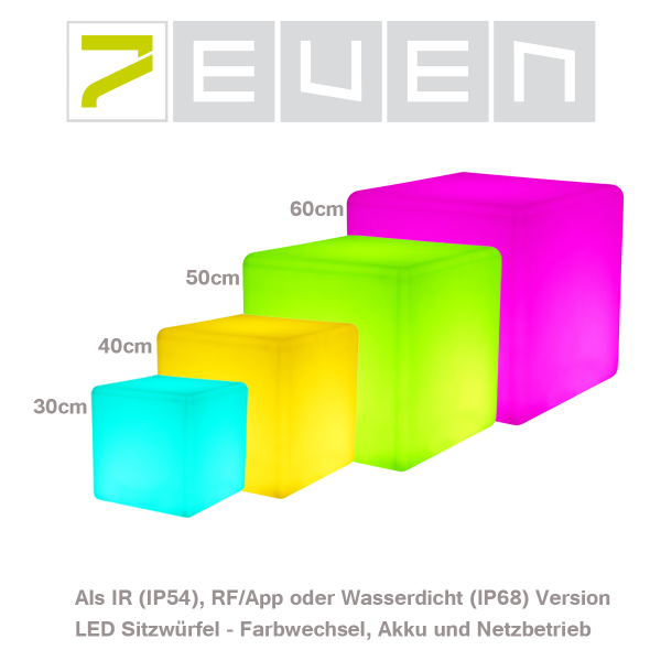 Vier beleuchtete Würfel in verschiedenen Größen, mit Abmessungen beschriftet. Würfel sind blau, gelb, grün und pink.