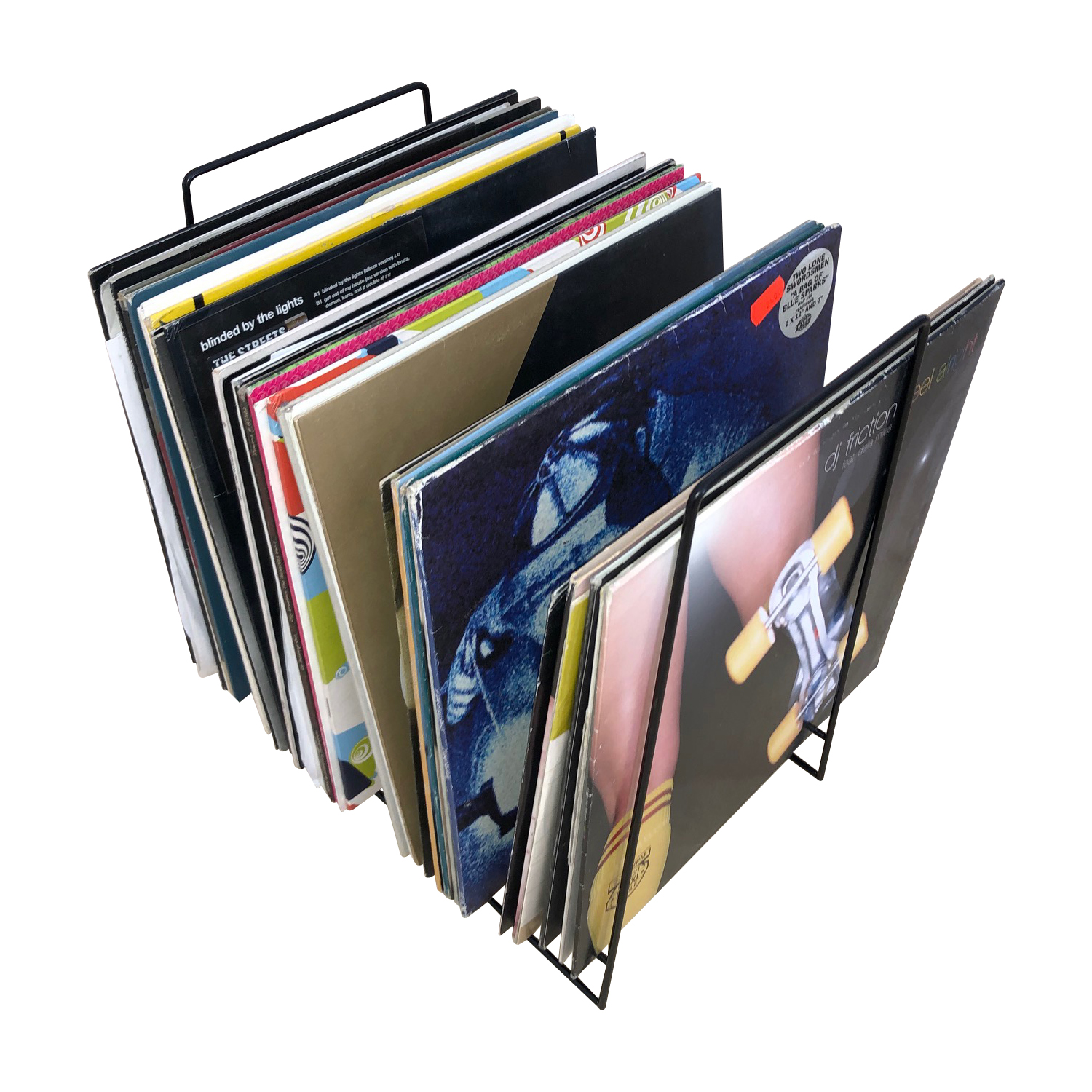 Schallplatten in einem Metallregal. Alben mit verschiedenen farbigen Covern sind sichtbar.