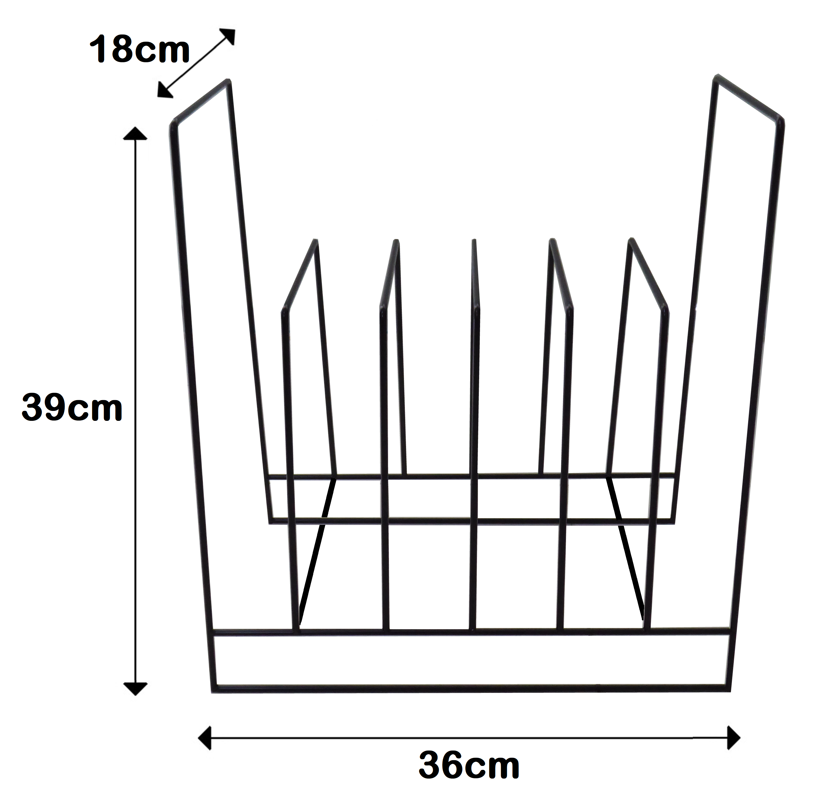 Schwarzes Metall-Drahtgestell mit Trennwänden, Abmessungen angegeben. Misst 36cm breit, 39cm hoch und 18cm tief.