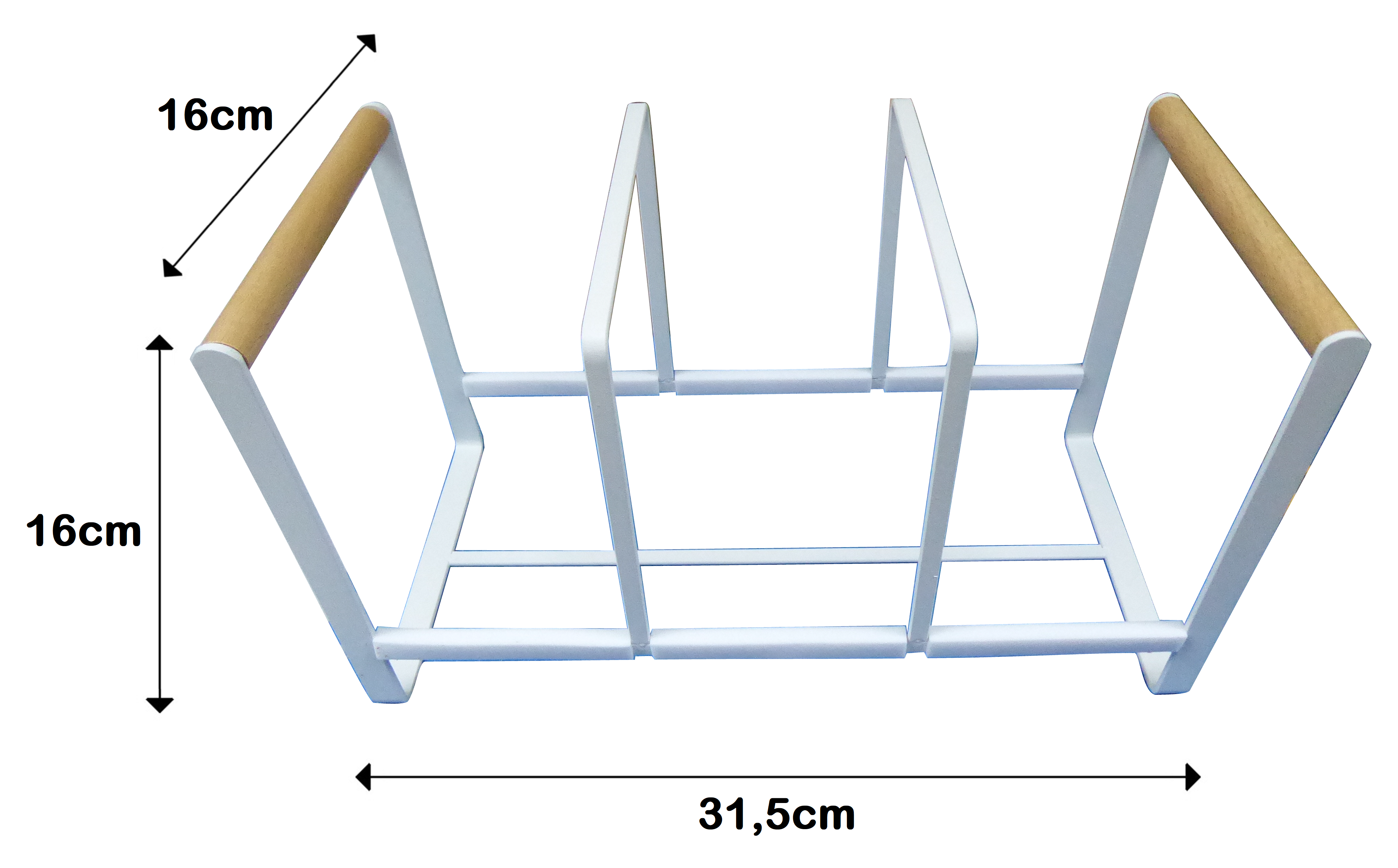 Weißer Metall-Aktenhalter mit Holzgriffen. Maße: 31,5 cm breit, 16 cm hoch und 16 cm tief.