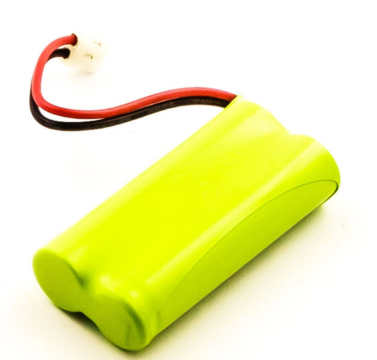 Grüne Batterie mit rot/schwarzen Drähten und weißem Stecker auf weißem Hintergrund.