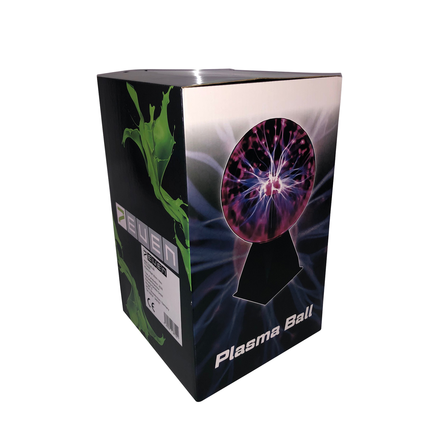 Plasmakugel in schwarzer Box, grüner Text und heller Plasmaeffekt.
