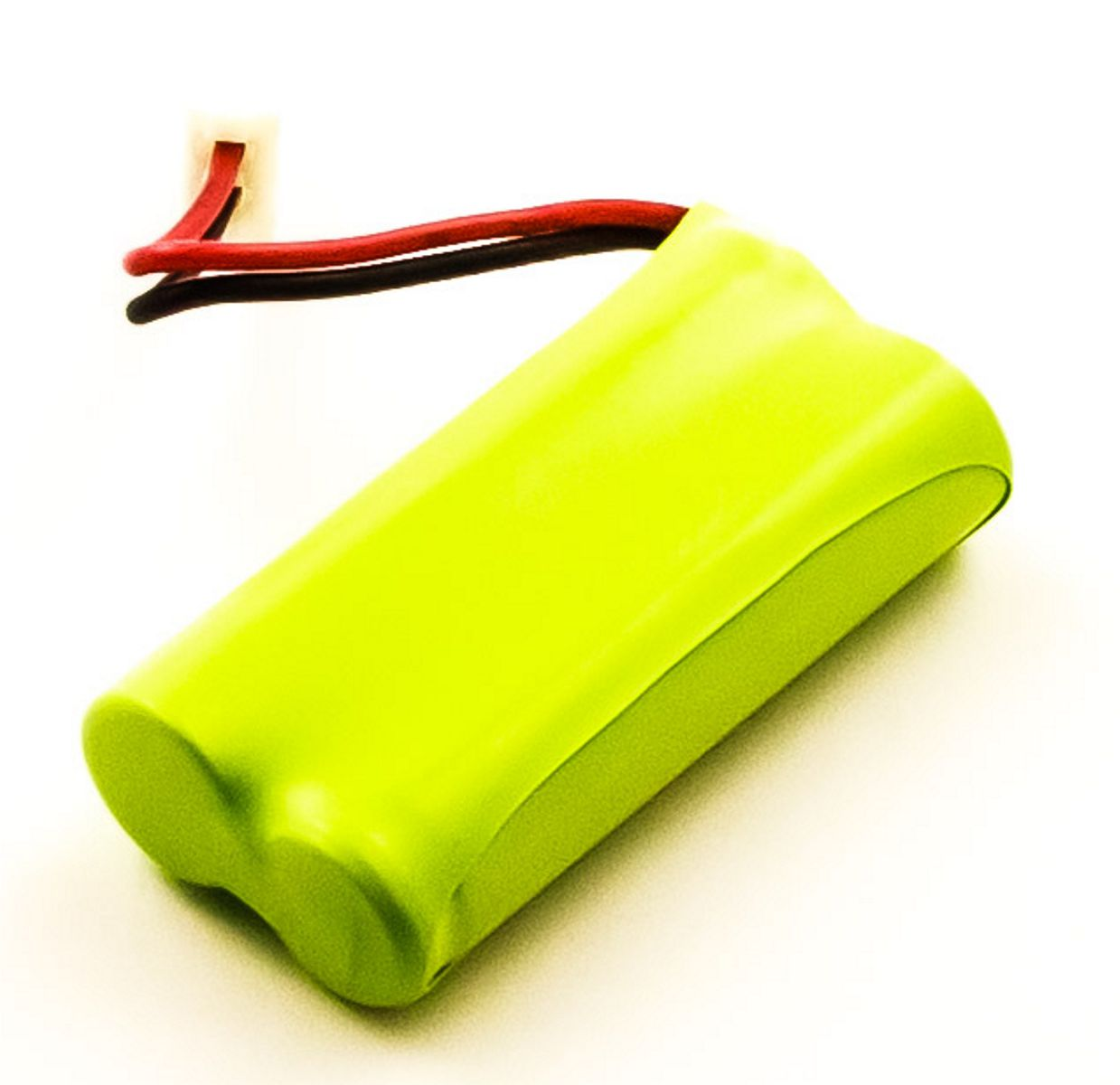 Eine hellgelbe Batterie mit zwei roten und schwarzen Drähten. Es ist auf weißem Hintergrund.