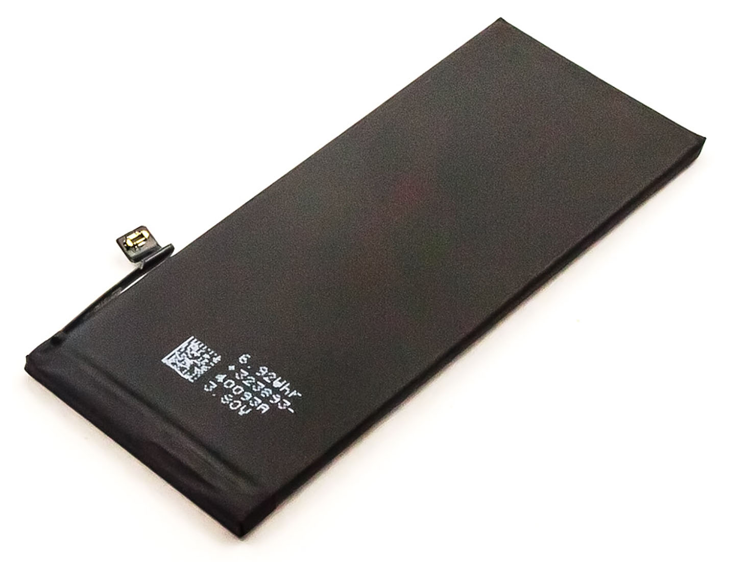 Schwarze Telefonbatterie auf Weiß. Die Batterie hat Markierungen und einen Stecker. Sauberer, heller Hintergrund.