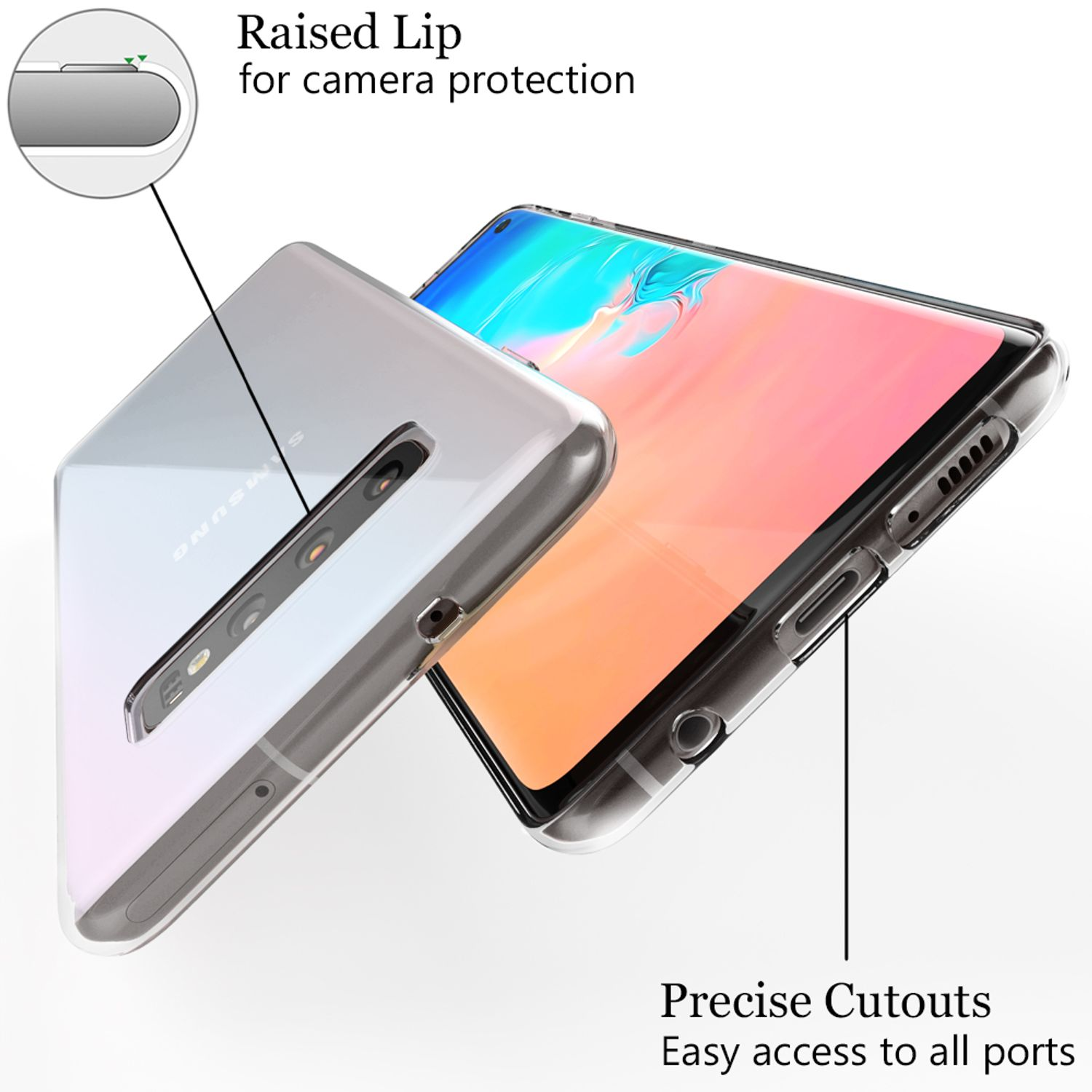 Transparente Handyhülle über einem Telefon. Erhöhte Lippe für Kameraschutz und präzise Aussparungen.
