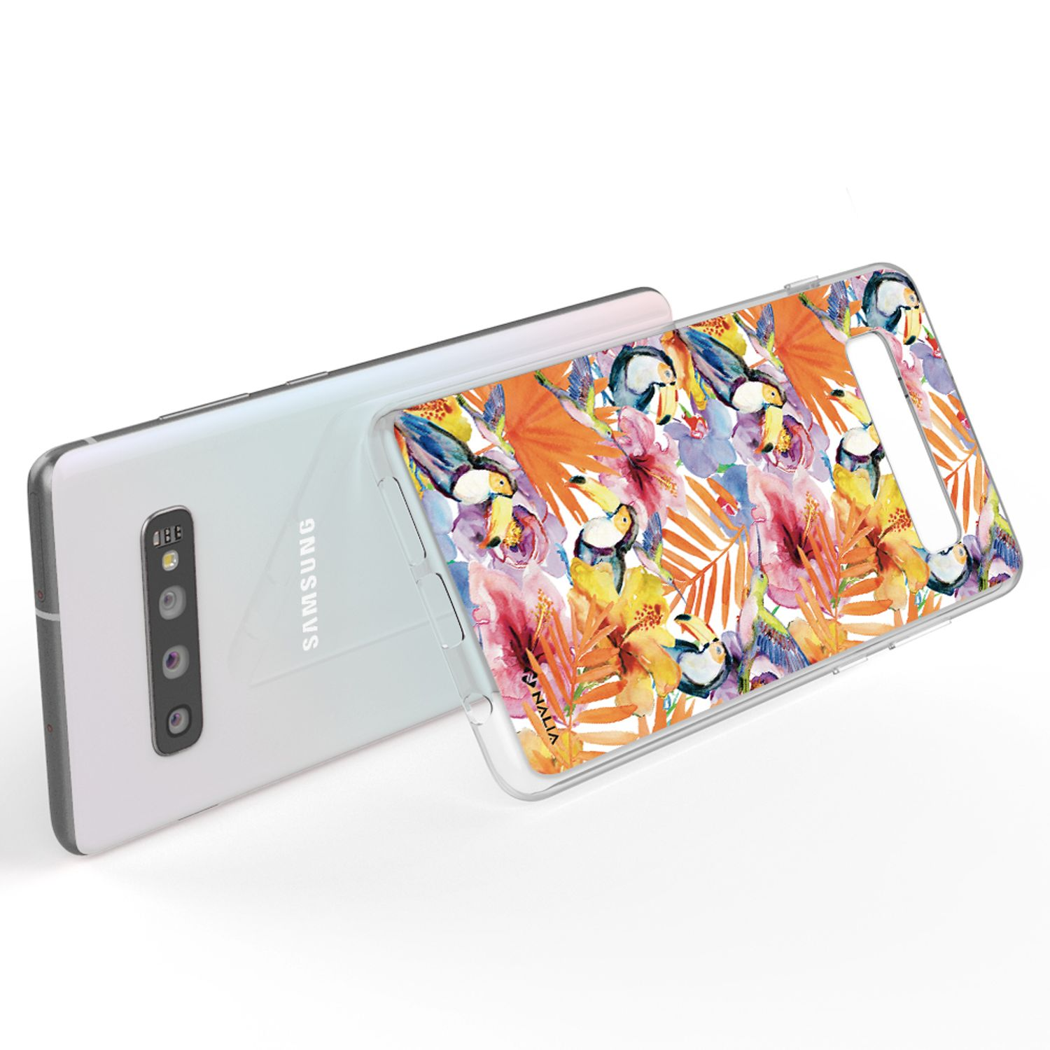 Eine Handyhülle mit einem Blumen- und Tukan-Design auf einem Telefon. Das Telefon ist weiß. Der Hintergrund ist weiß.