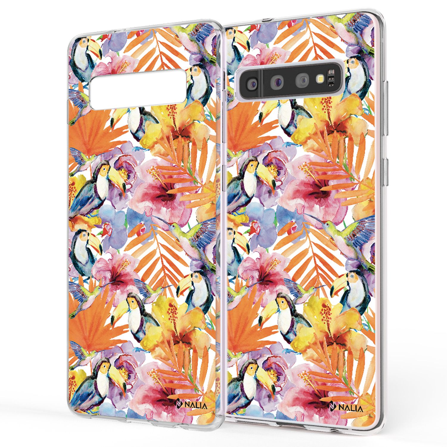 Zwei Handyhüllen mit bunten Tukans und floralen Mustern.