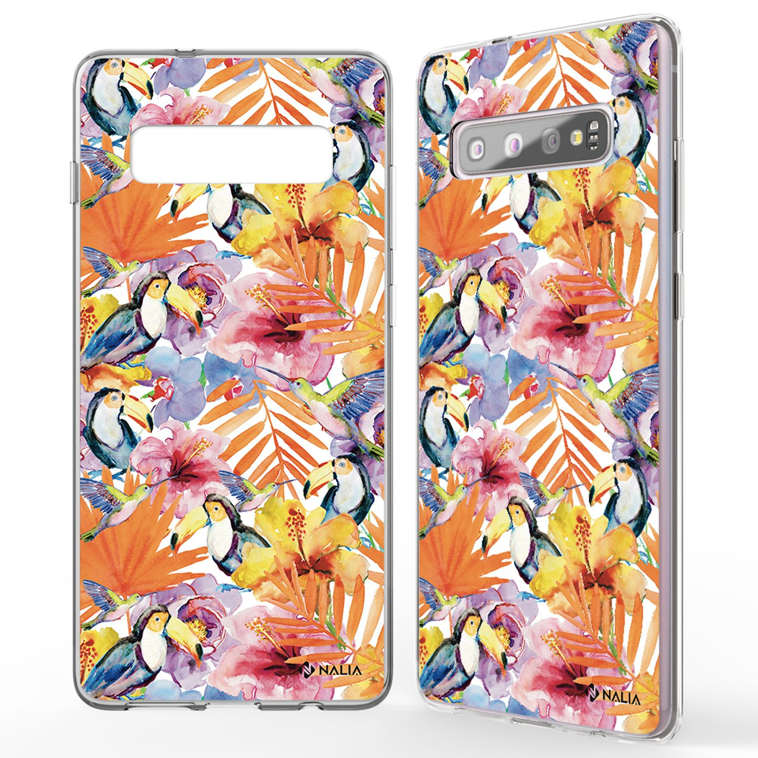 Zwei Handyhüllen mit einem bunten Tukan- und Blumenmuster. Eine zeigt die Vorderseite, die andere die Rückseite.