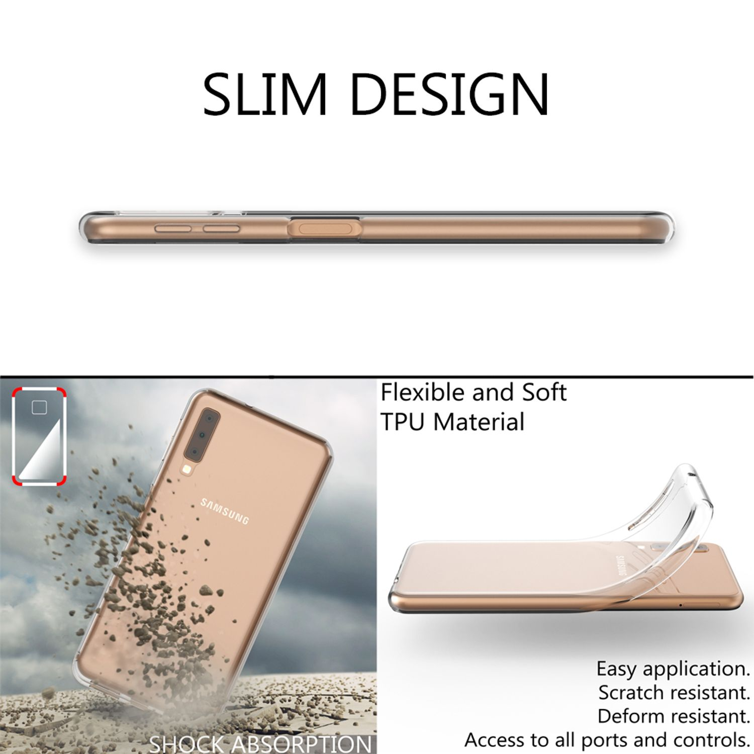 Transparente Handyhülle über goldenem Telefon. Text zeigt Stoßdämpfung und flexibles TPU-Material.