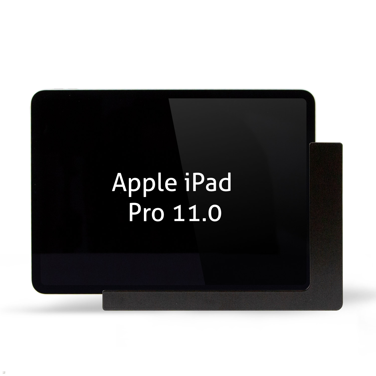 Schwarzes iPad Pro 11.0 auf einem schwarzen Ständer. Weißer Text: 'Apple iPad Pro 11.0'.