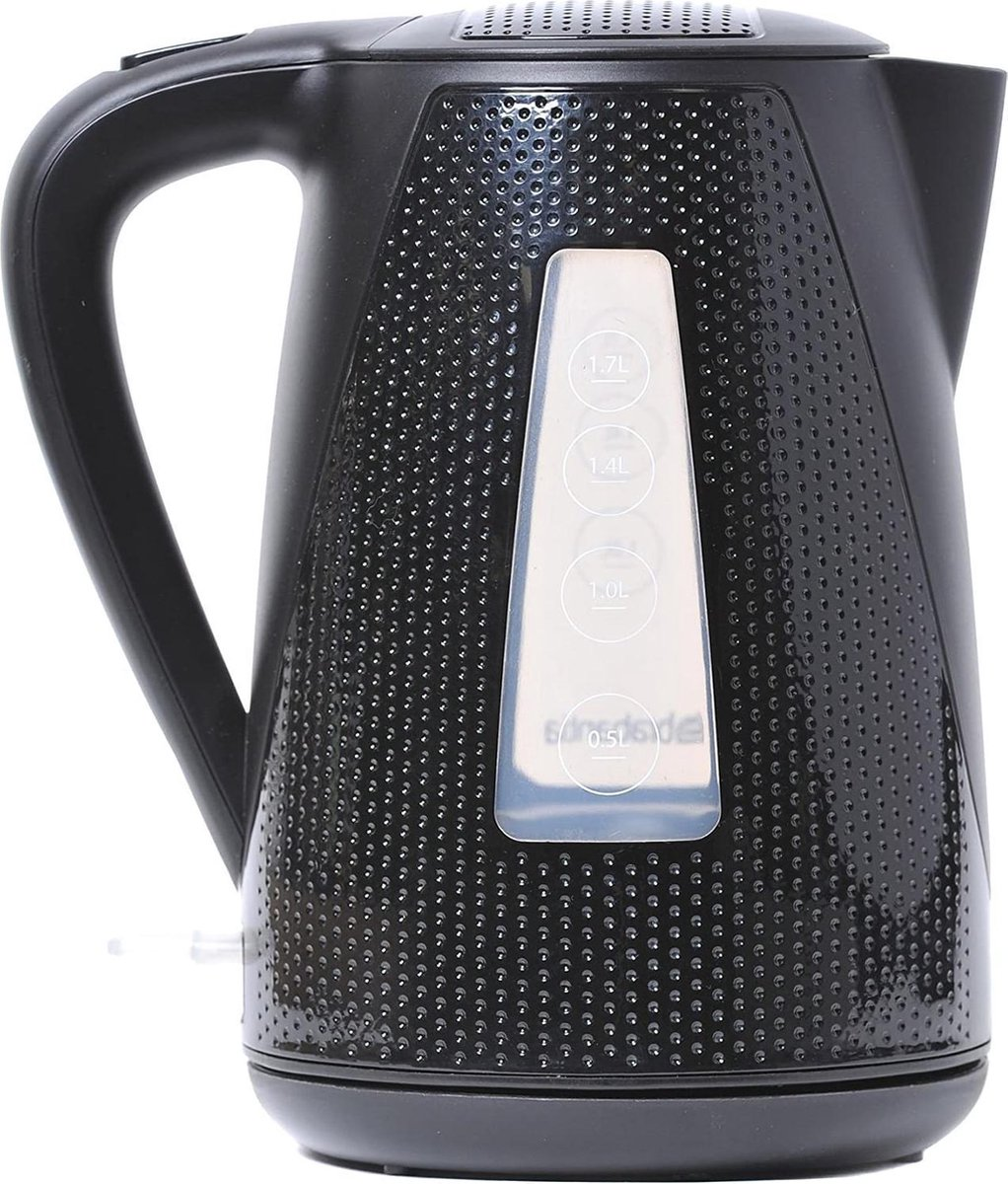 Zwarte elektrische waterkoker met een waterniveau-indicator. De waterkoker heeft een getextureerd oppervlak.