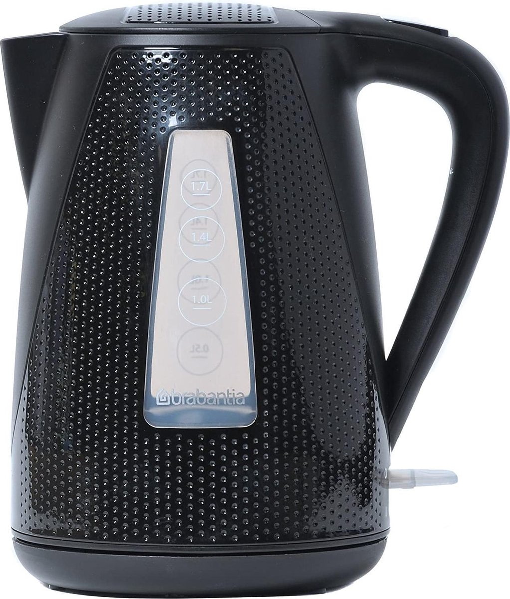 Une bouilloire électrique noire avec un indicateur de niveau d'eau. La bouilloire a un design texturé et une poignée noire.