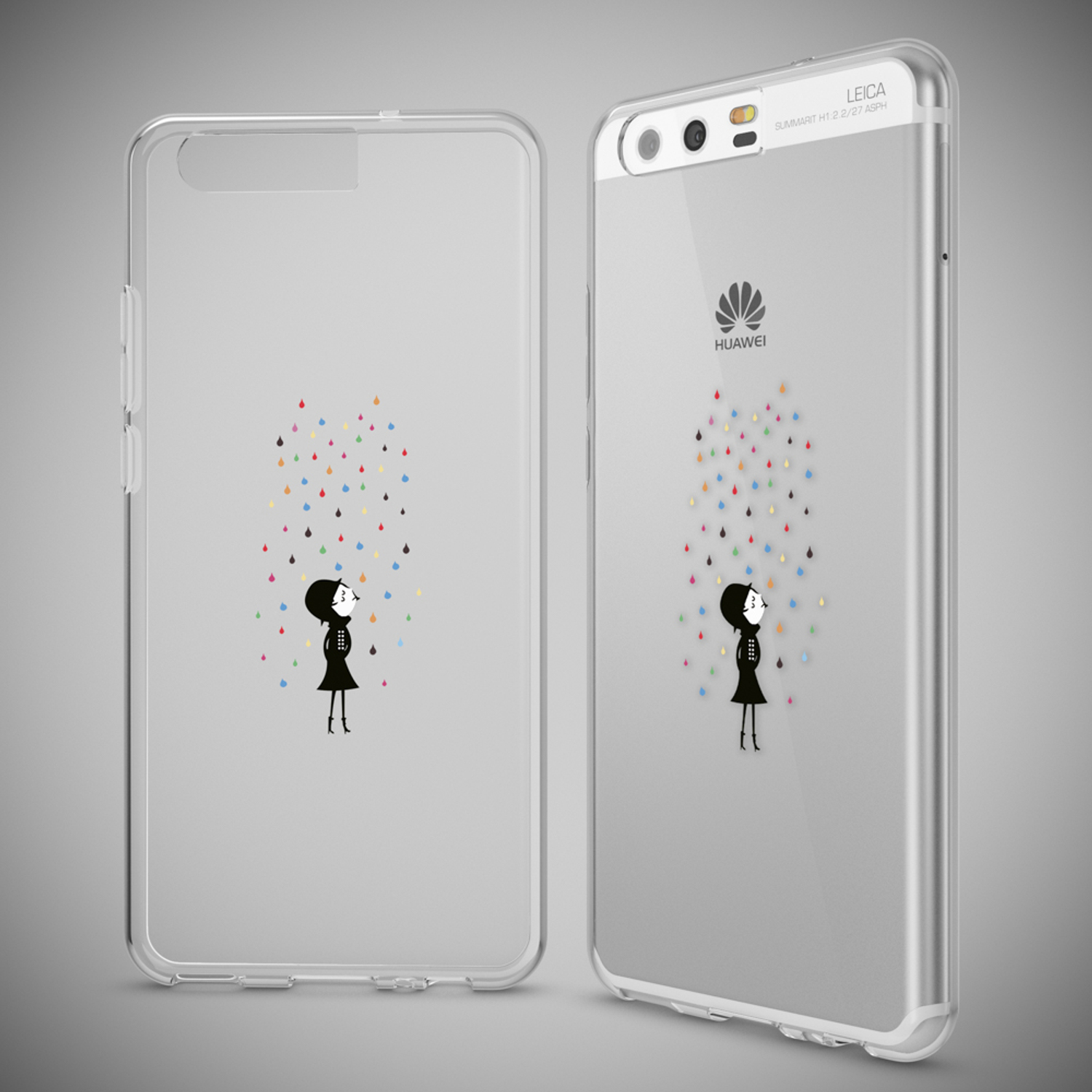 Zwei Handyhüllen mit einem Mädchen unter buntem Regen. Eine ist auf einem Telefon. Grauer Hintergrund.