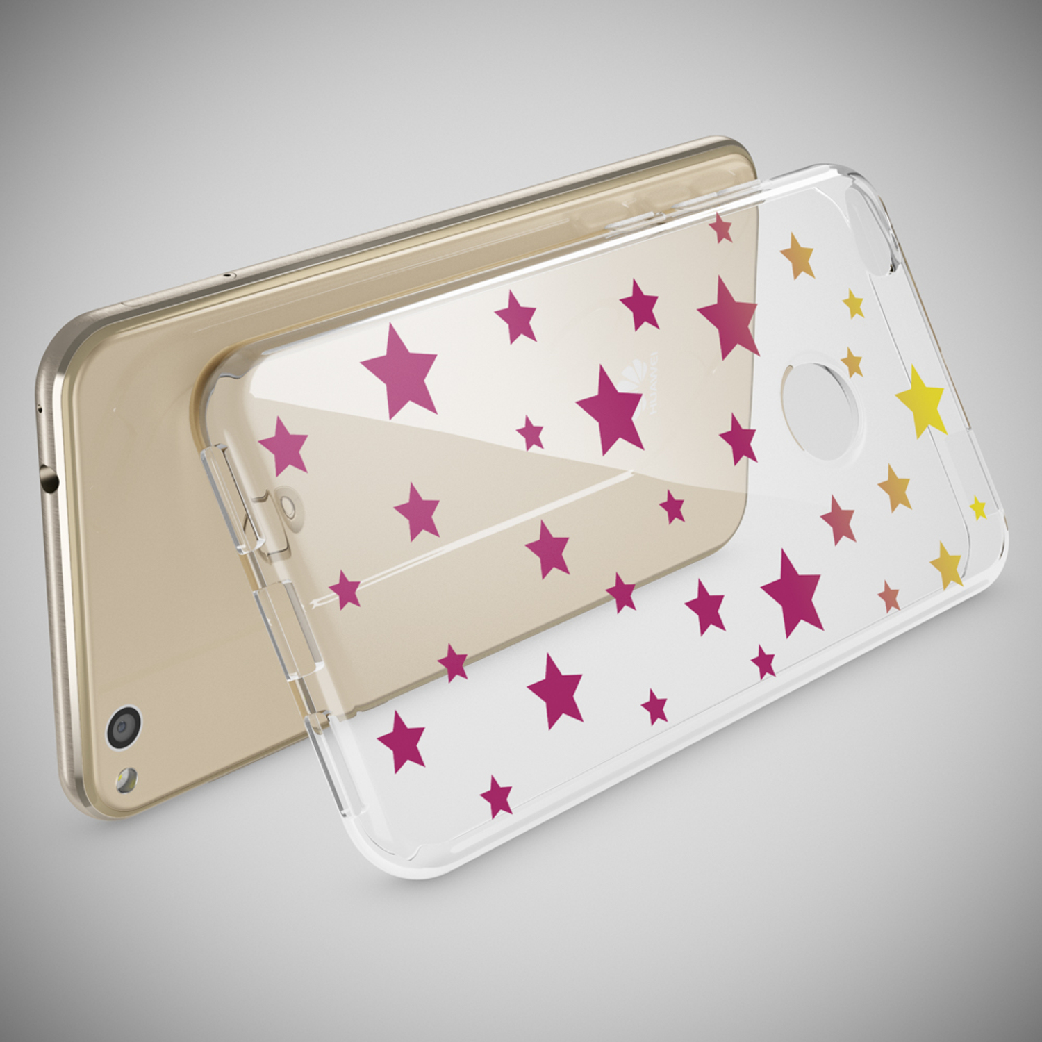 Handyhülle mit rosa Sternen auf transparentem Hintergrund, mit dem Telefon dahinter.