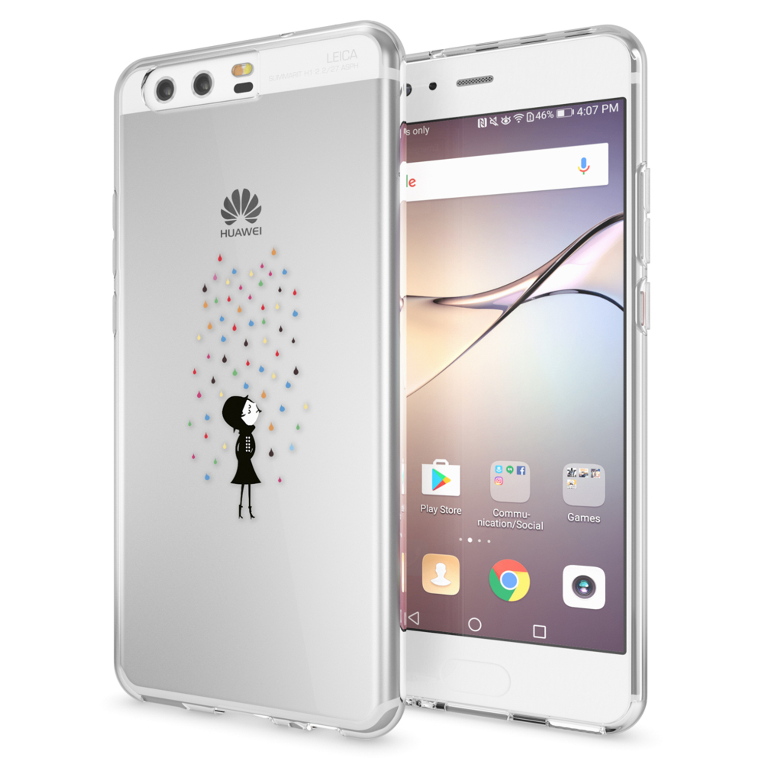Smartphone mit transparenter Hülle. Die Hülle zeigt ein Mädchen unter buntem Regen mit Huawei-Logo.