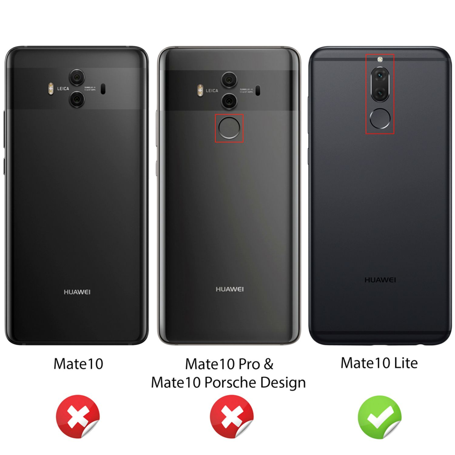 Tre telefoni Huawei neri, Mate10, Mate10 Pro e Mate10 Lite, con segni di spunta.