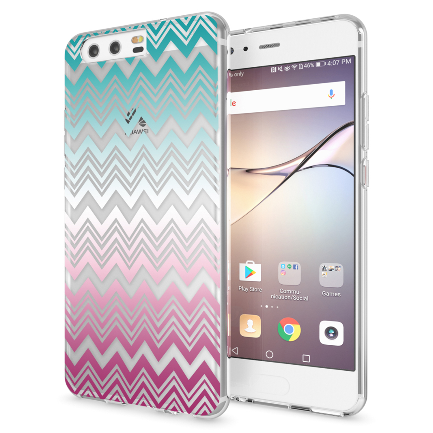 Telefon in einer transparenten Hülle mit Chevron-Muster. Weißes Telefon. Weißer Hintergrund.