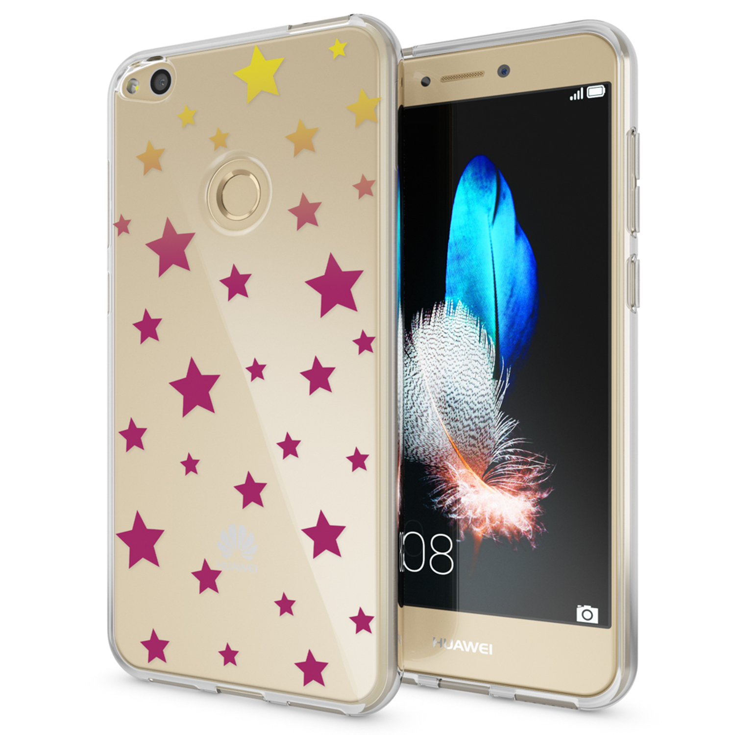 Telefon in einer transparenten Hülle mit Sternmuster. Goldenes Telefon. Weißer Hintergrund.