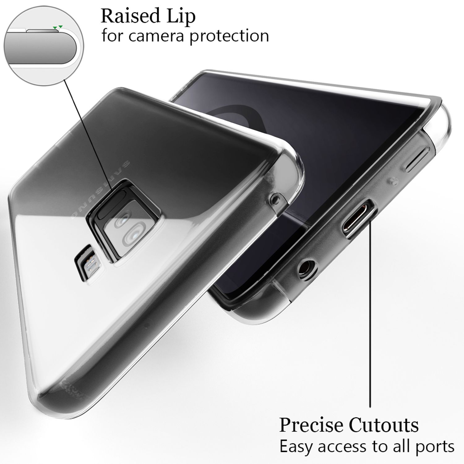Transparente Handyhülle auf einem Telefon. Erhöhter Rand zum Schutz der Kamera. Präzise Aussparungen für alle Anschlüsse.