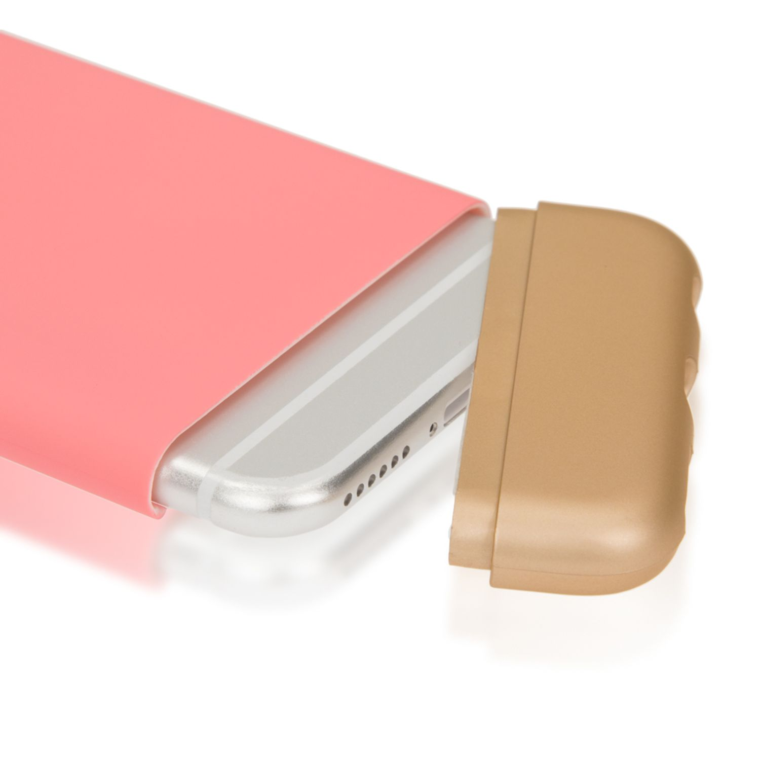 Ein Telefon in einem rosa Etui, mit einem hellbraunen Deckel geöffnet.
