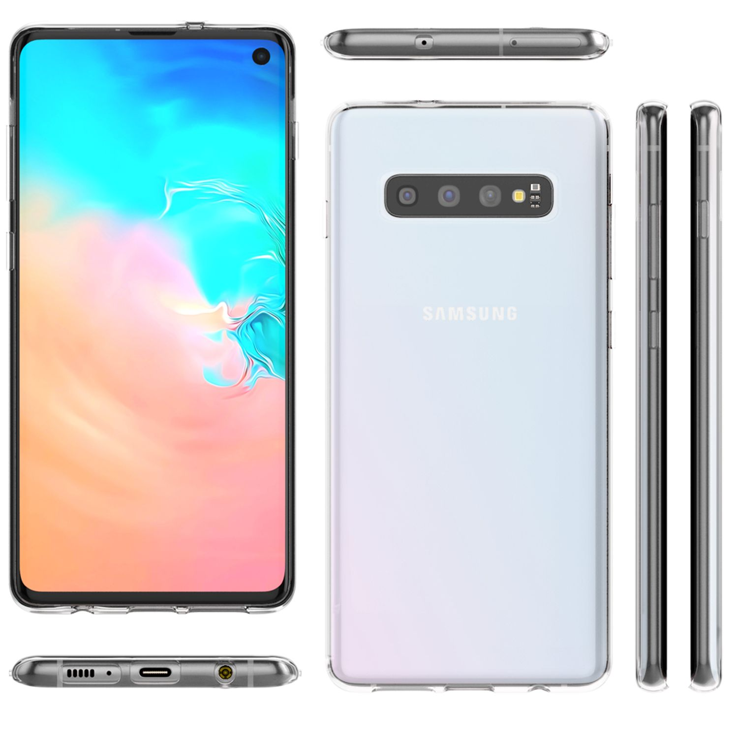 Ein weißes Samsung-Telefon mit verschiedenen Ansichten und einer transparenten Hülle. Zeigt Bildschirm und Seiten.