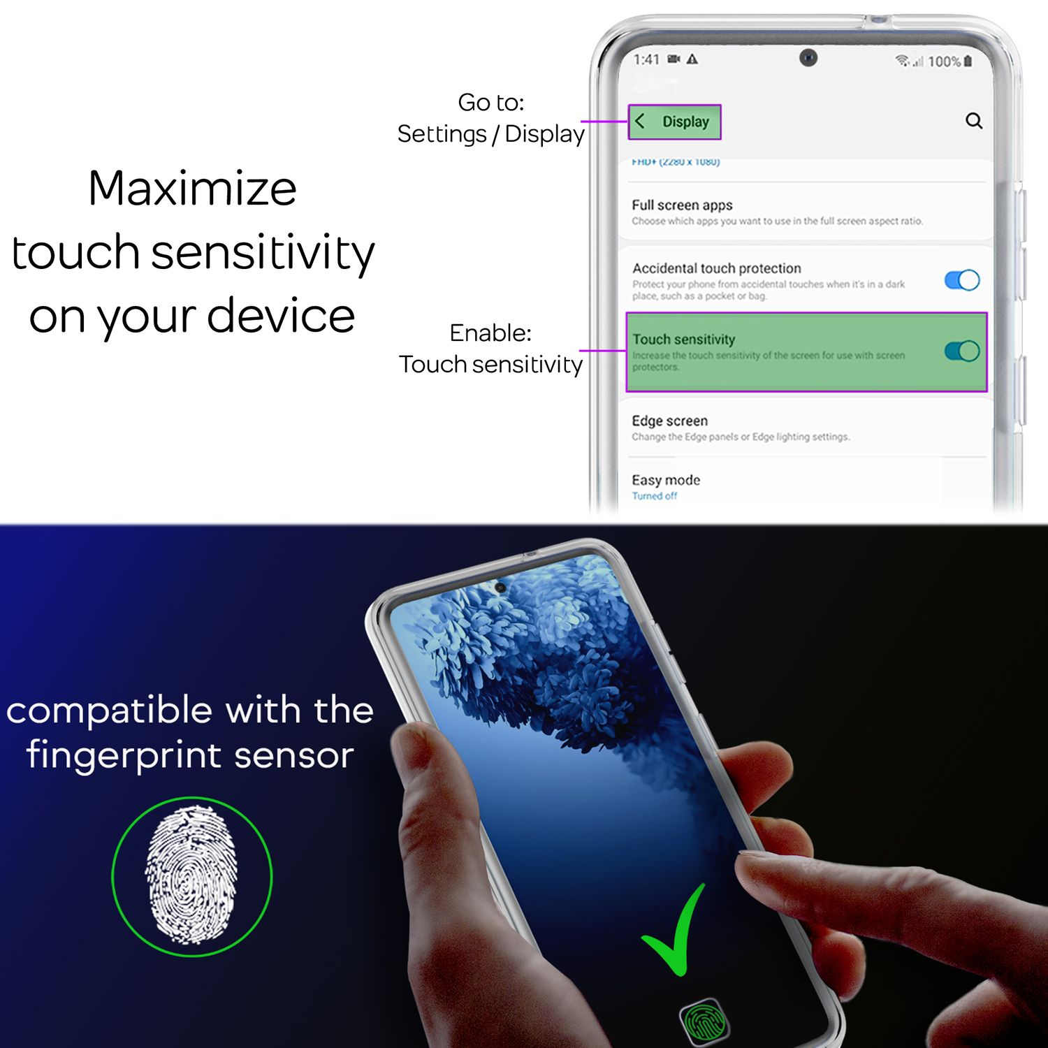 Eine Hand, die einen Telefonbildschirm berührt. Der Bildschirm zeigt Einstellungen zum Aktivieren der Berührungsempfindlichkeit.