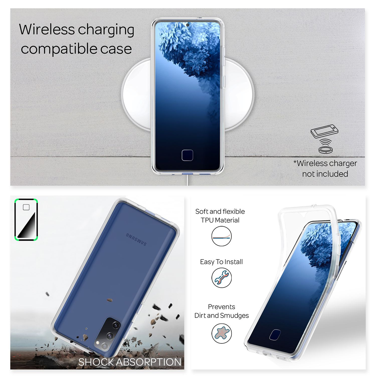 Telefon auf einem kabellosen Ladegerät, transparente Hülle und Text mit der Aussage