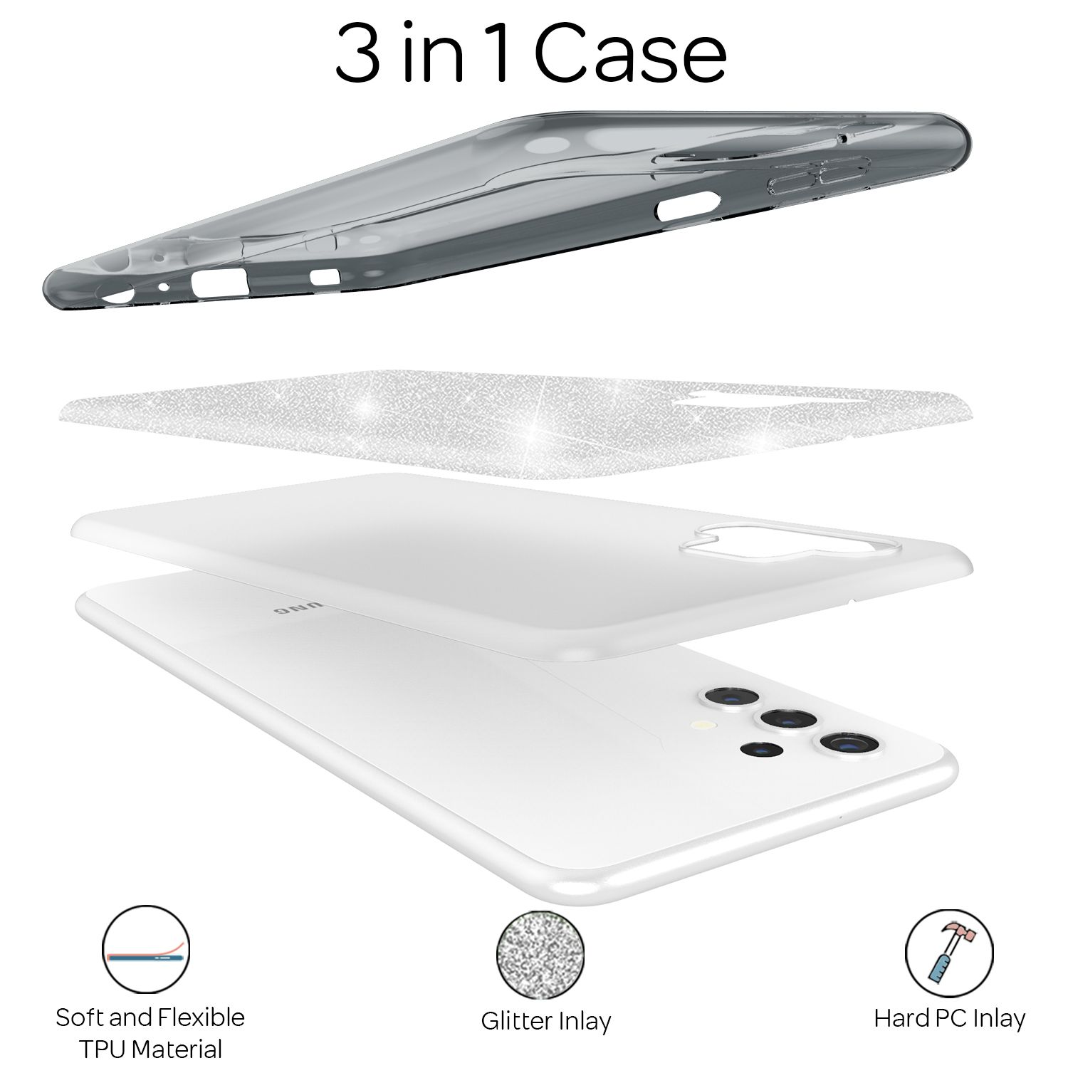 Weiße Handyhülle in Schichten, zeigt TPU-Material, Glitzer-Inlay und Hart-PC-Inlay.