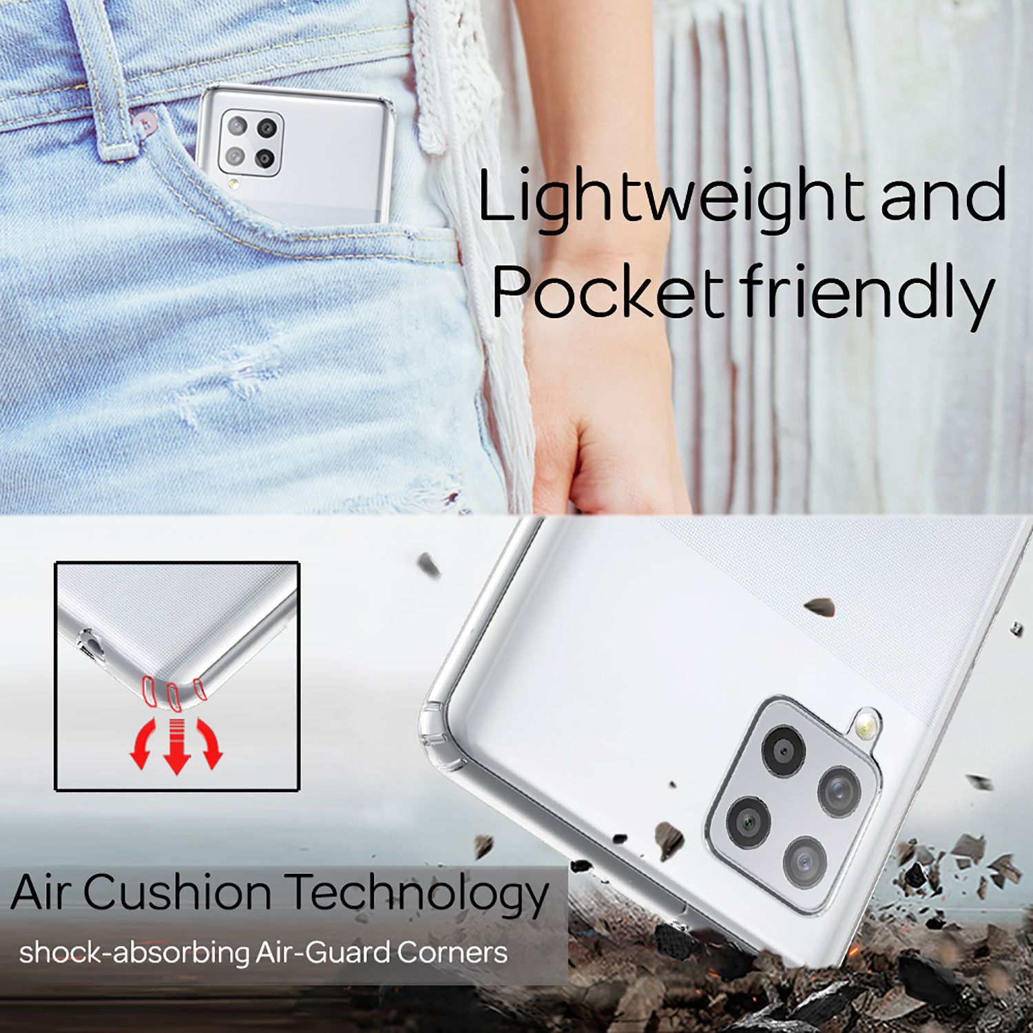 Eine transparente Handyhülle in einer Tasche, mit Textüberlagerung. Das Bild zeigt 'Air Cushion Technology' zum Schutz.