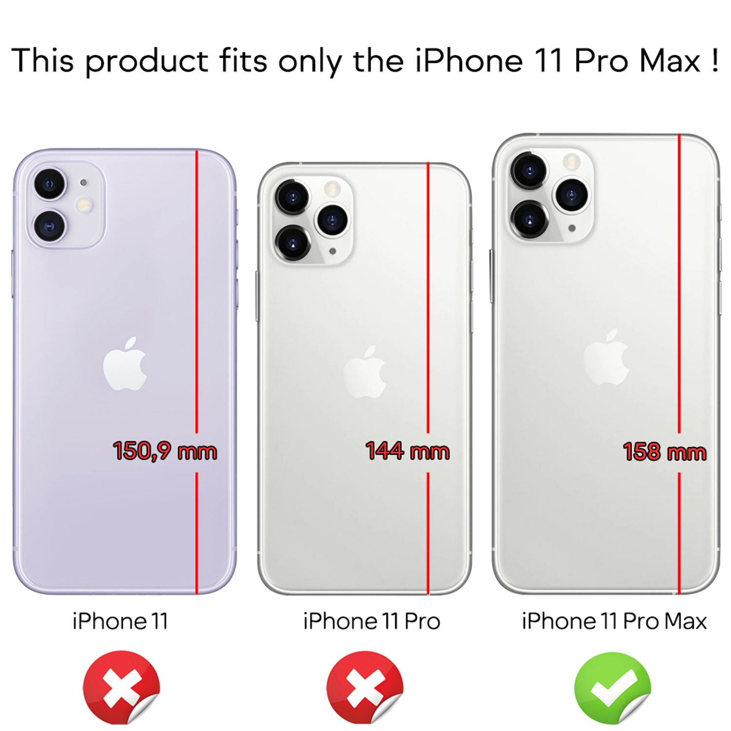 Tres iPhones con líneas rojas mostrando diferencias de tamaño. Texto: iPhone 11 Pro Max.