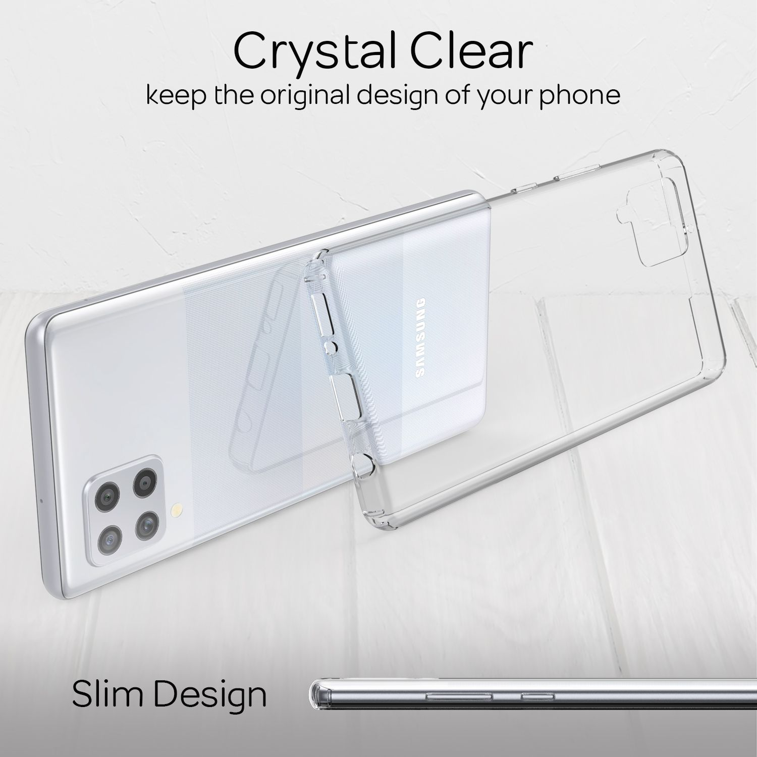 Eine transparente Handyhülle auf einem Telefon. Das Telefon zeigt die Rückseite eines Smartphones.