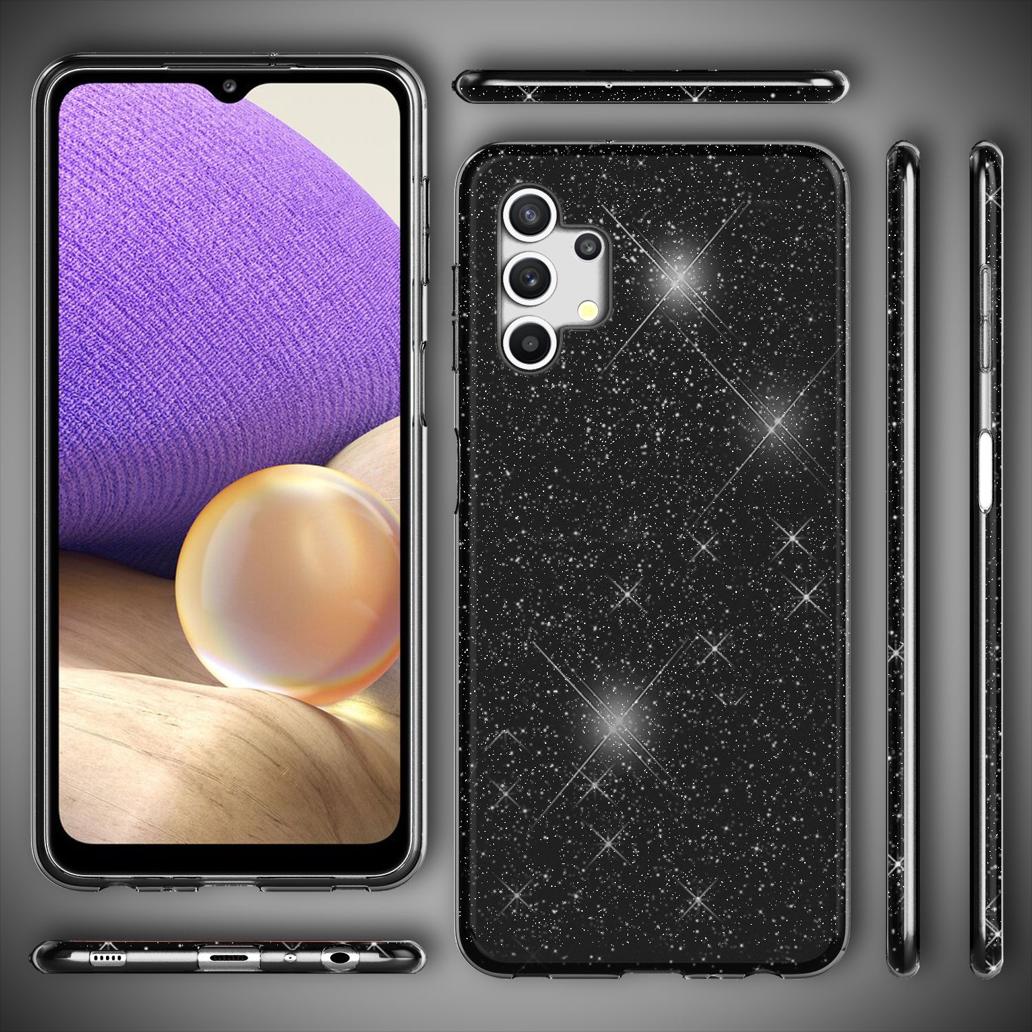 Handyhülle mit glänzendem schwarzem Design. Telefon links. Mehrere Winkel. Grauer Hintergrund.
