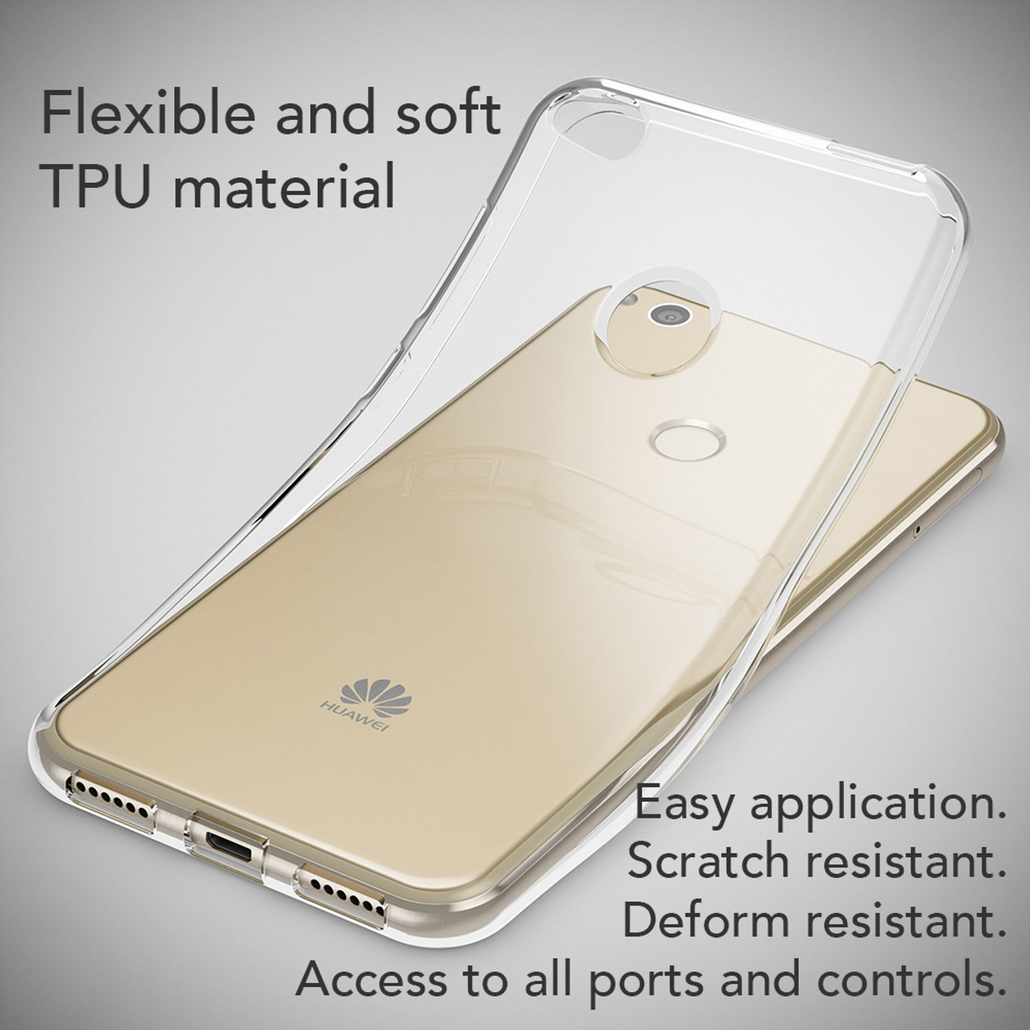 Funda transparente para teléfono sobre un teléfono dorado. La funda es transparente y muestra la parte trasera.