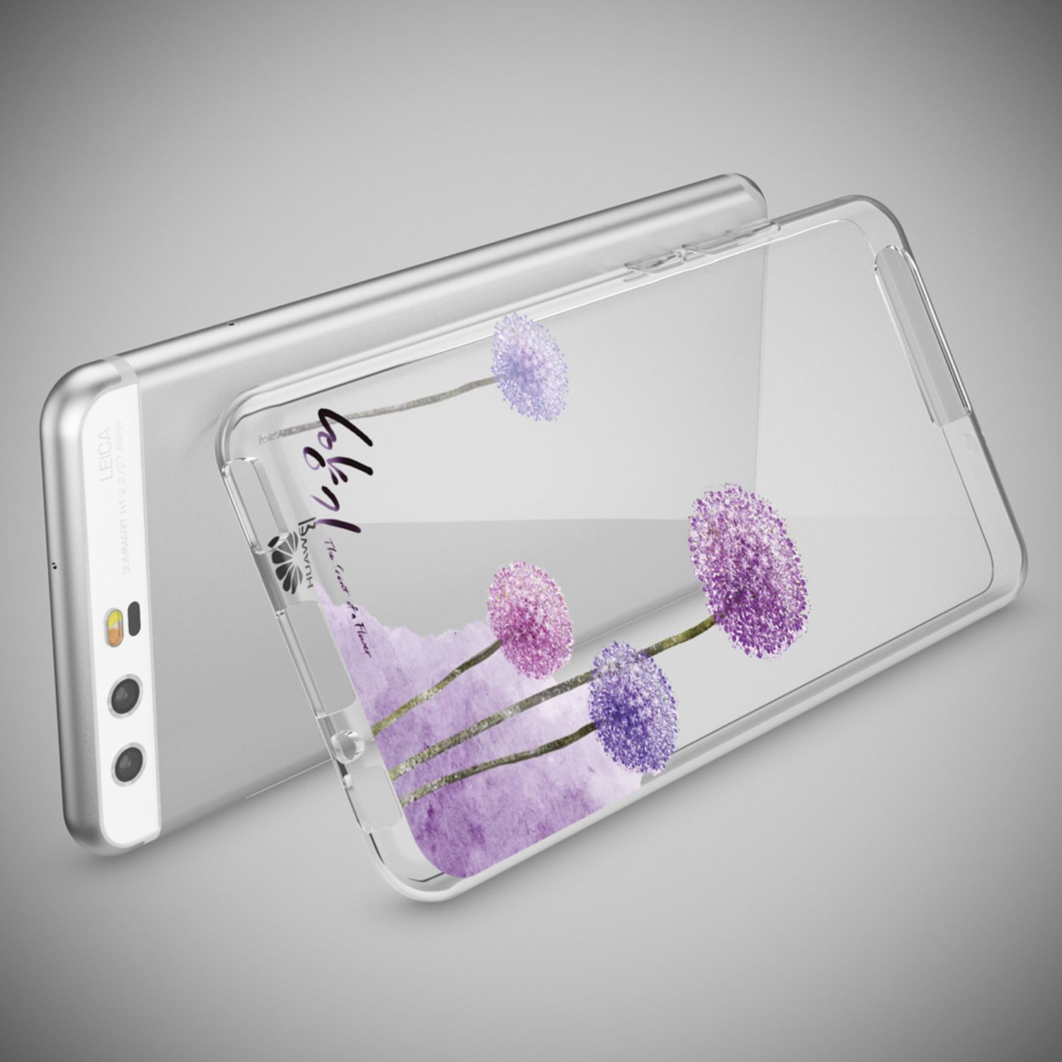 Transparente Handyhülle mit lila Blumendesign auf silbernem Telefon.