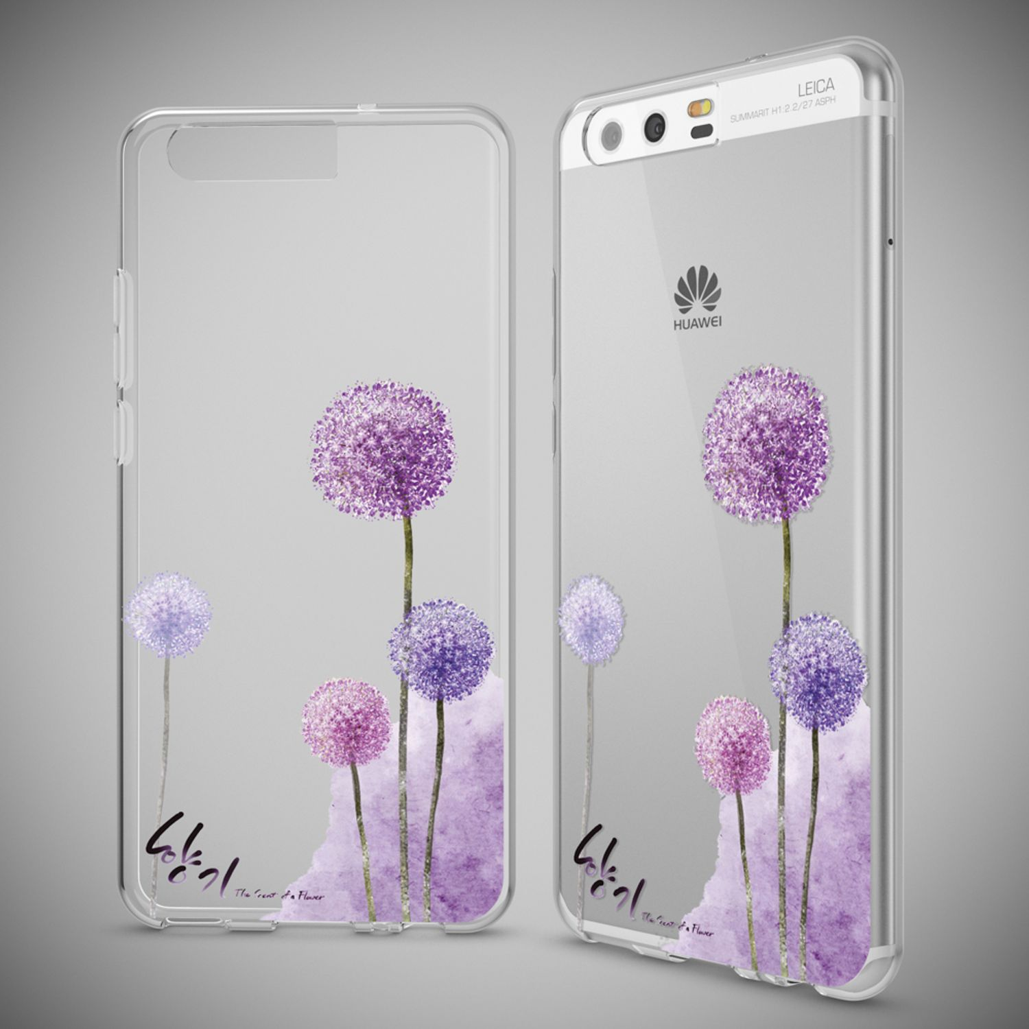 Handyhülle mit lila Blumendesign auf grauem Hintergrund.