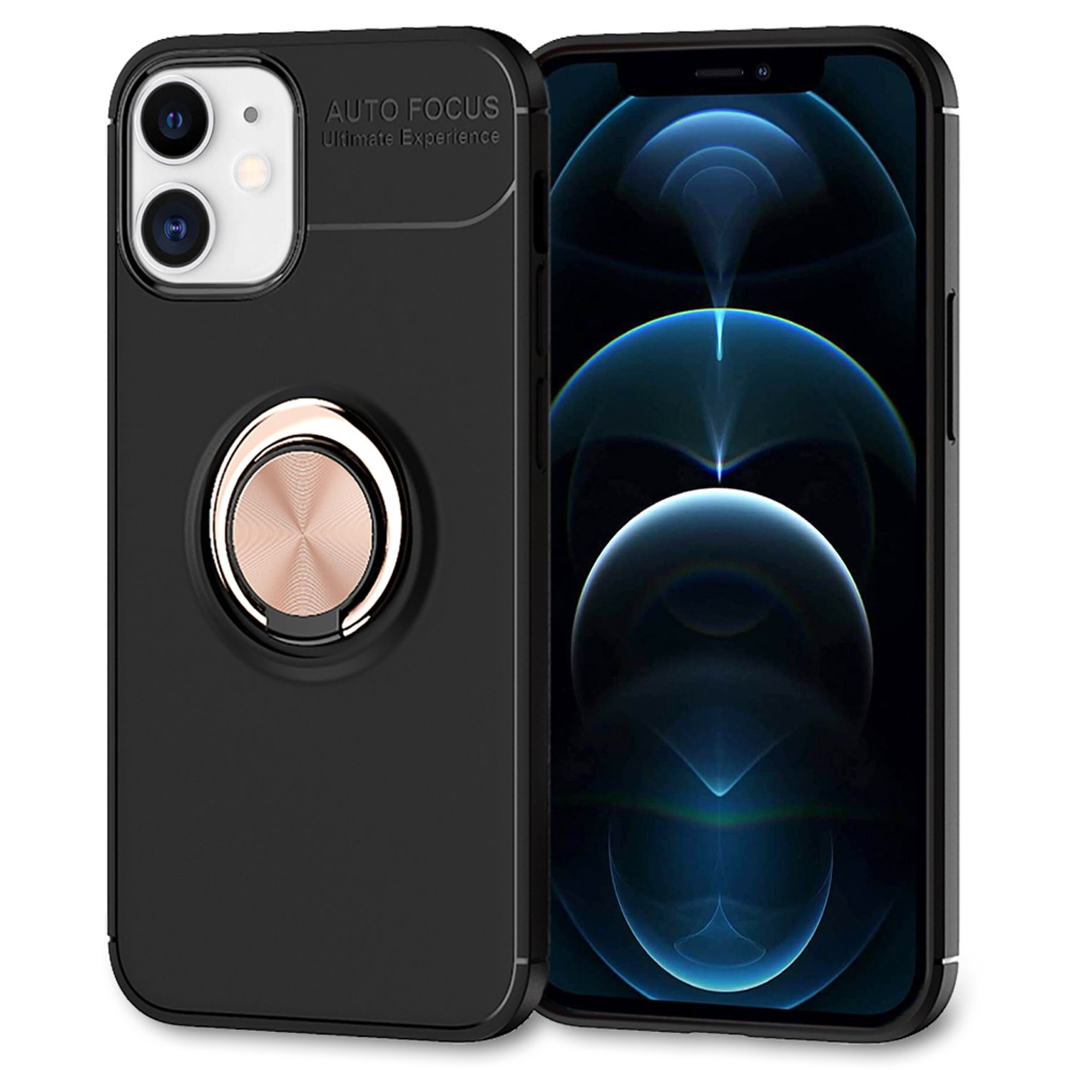 Una funda negra para teléfono con un soporte de anillo y la pantalla del teléfono mostrando un fondo de pantalla colorido.