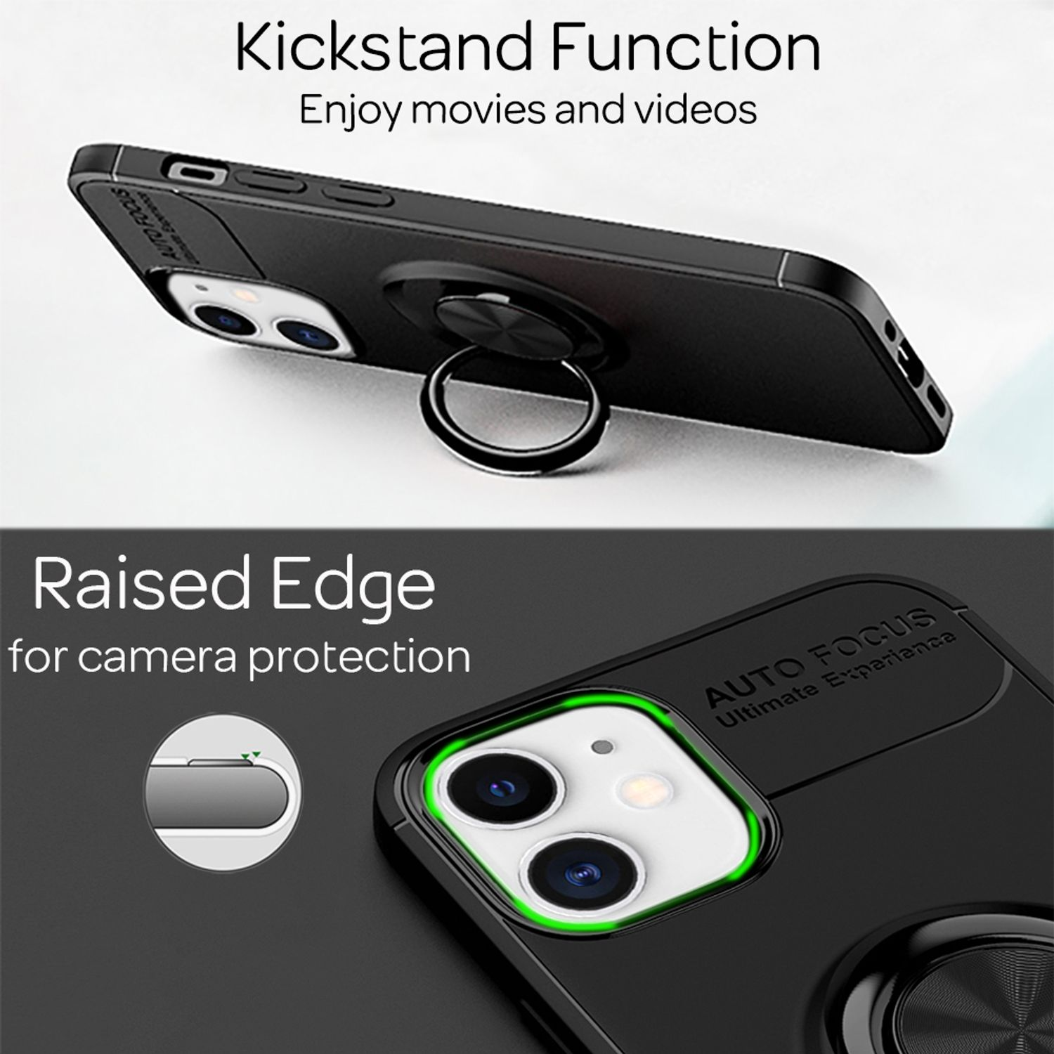 Funda de teléfono negra. Texto: Función de soporte, borde elevado para la cámara.